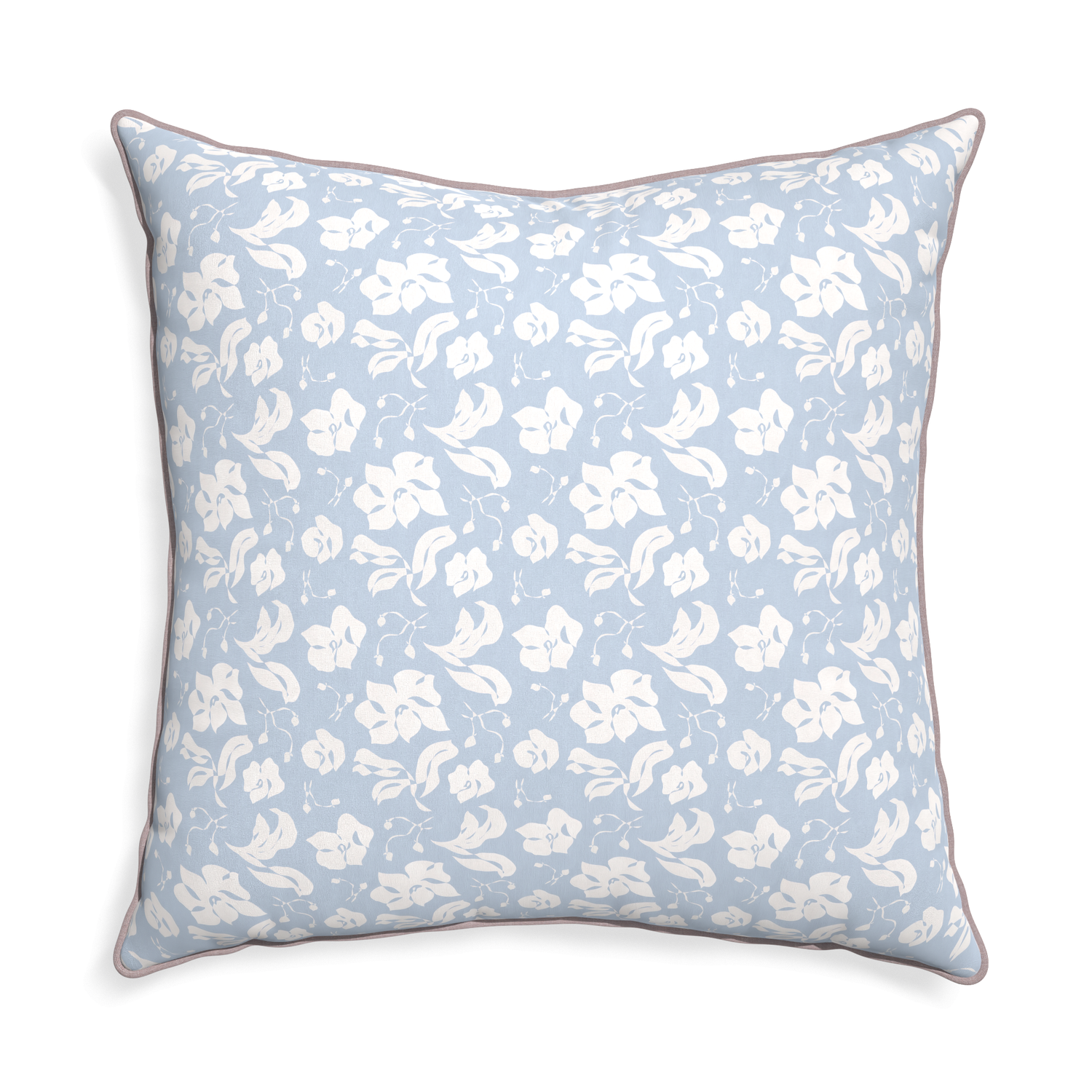 Euro-sham georgia custom cornflower blue floralpillow with orchid piping on white background