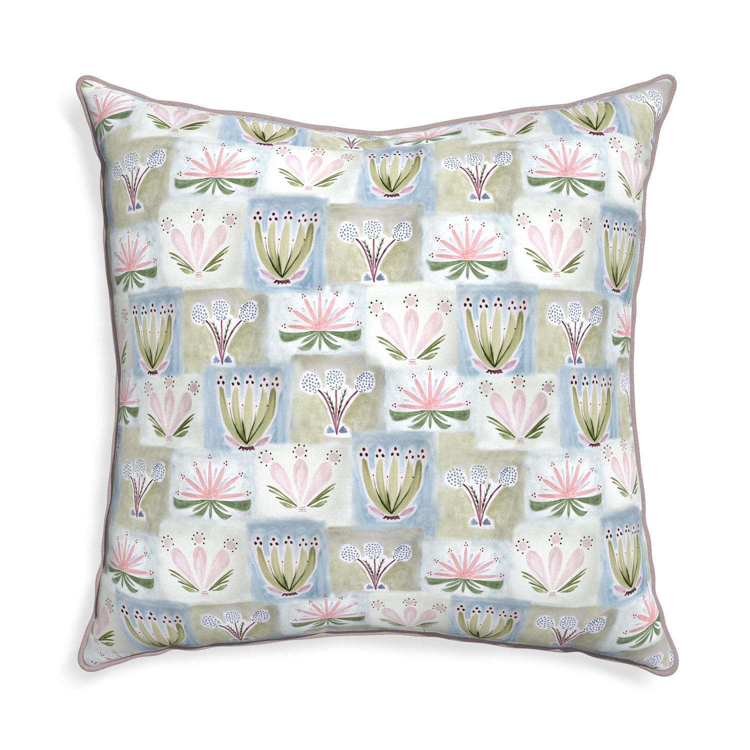 Euro-sham harper custom hand-painted floralpillow with orchid piping on white background