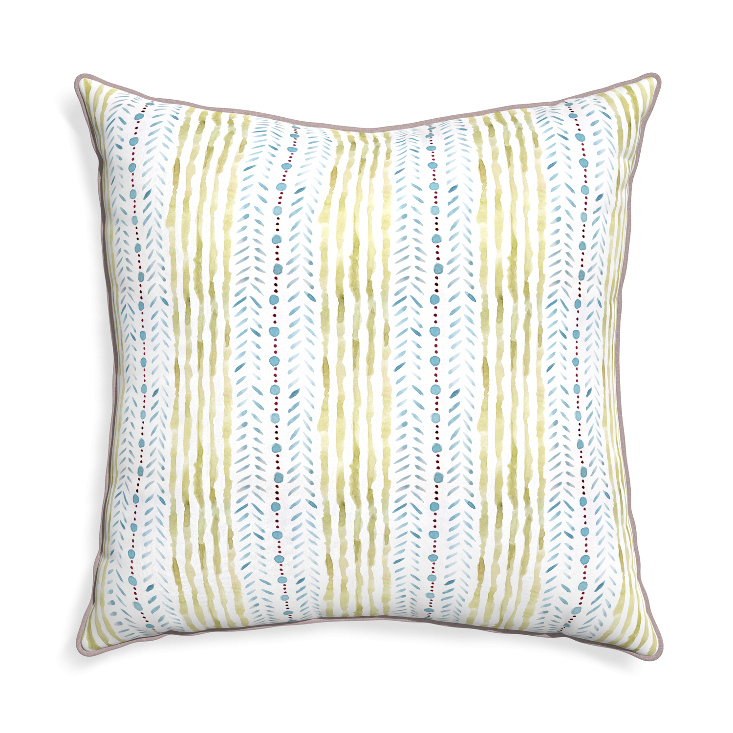 Euro-sham julia custom blue & green stripedpillow with orchid piping on white background