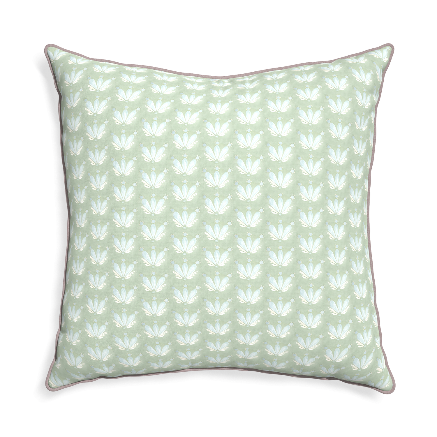 Euro-sham serena sea salt custom blue & green floral drop repeatpillow with orchid piping on white background