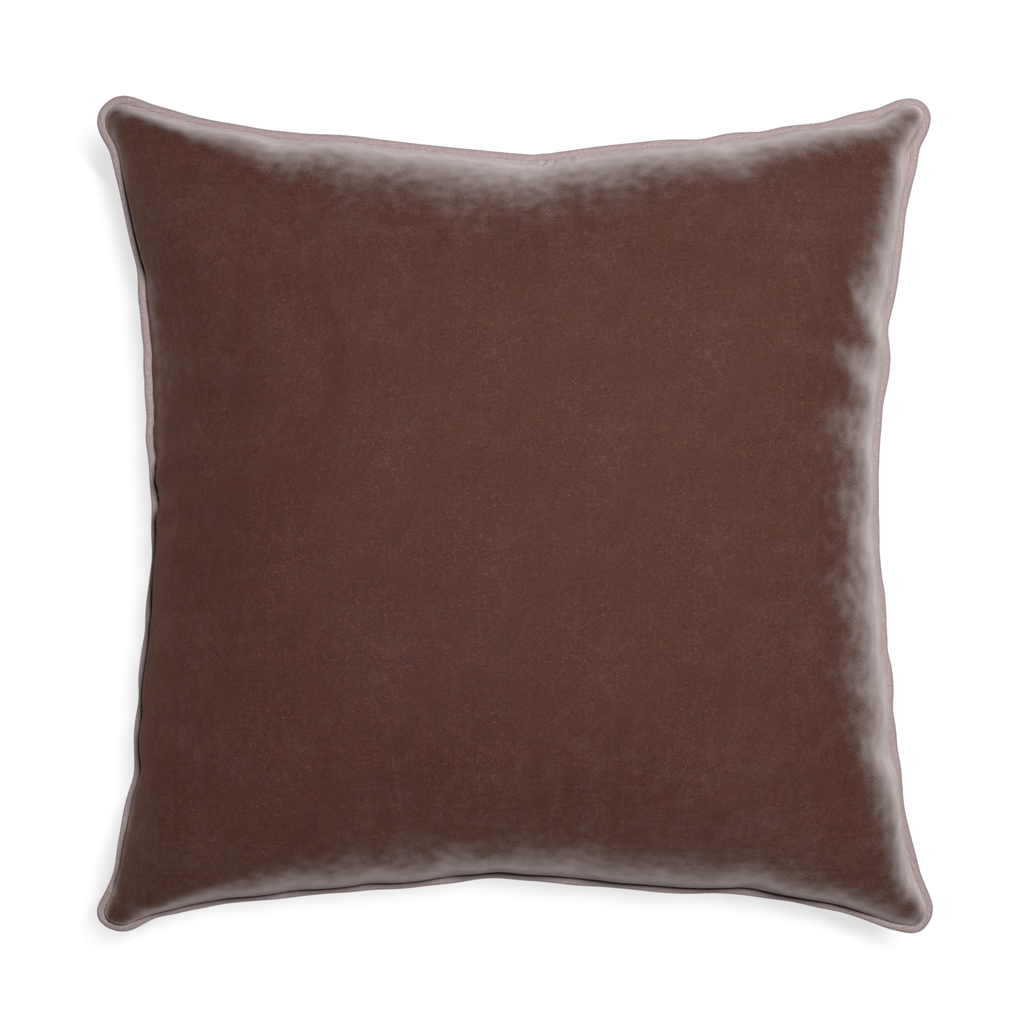 Euro-sham walnut velvet custom brownpillow with orchid piping on white background
