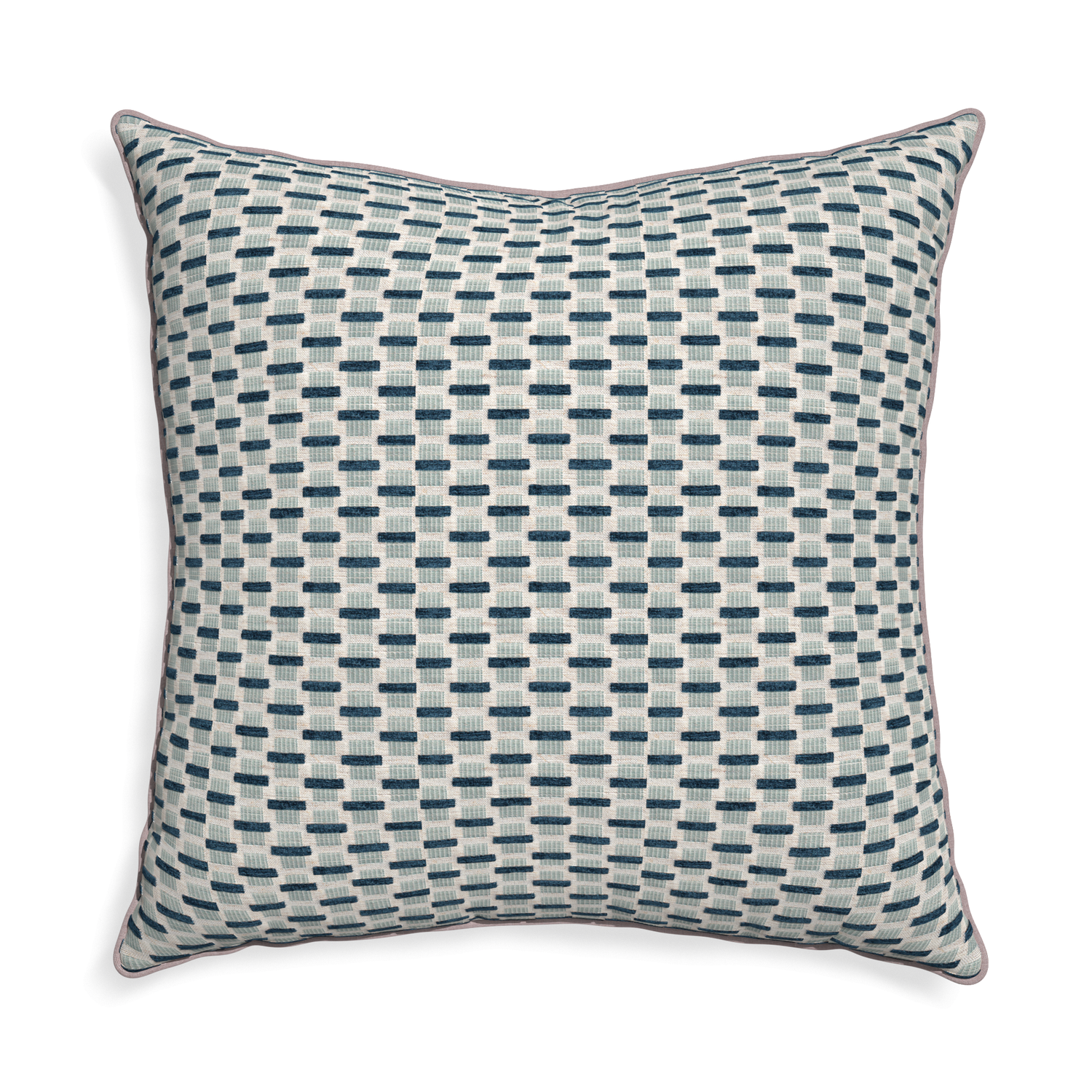 Euro-sham willow amalfi custom blue geometric chenillepillow with orchid piping on white background