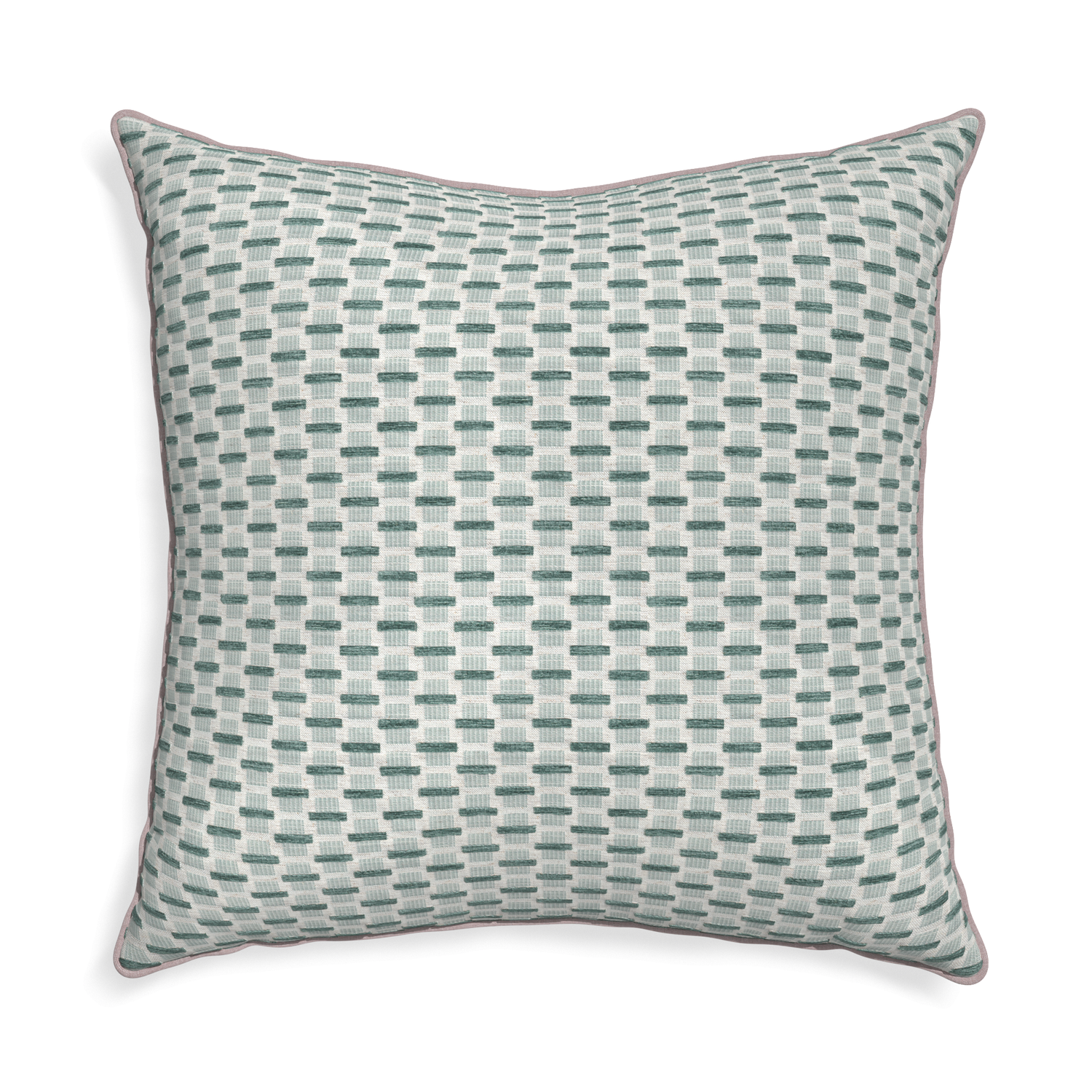 Euro-sham willow mint custom green geometric chenillepillow with orchid piping on white background