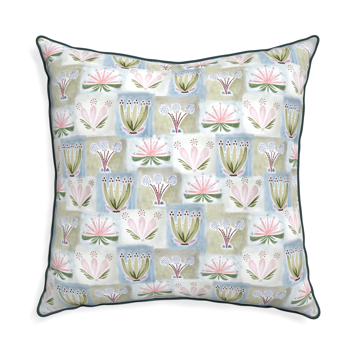 Euro-sham harper custom hand-painted floralpillow with p piping on white background