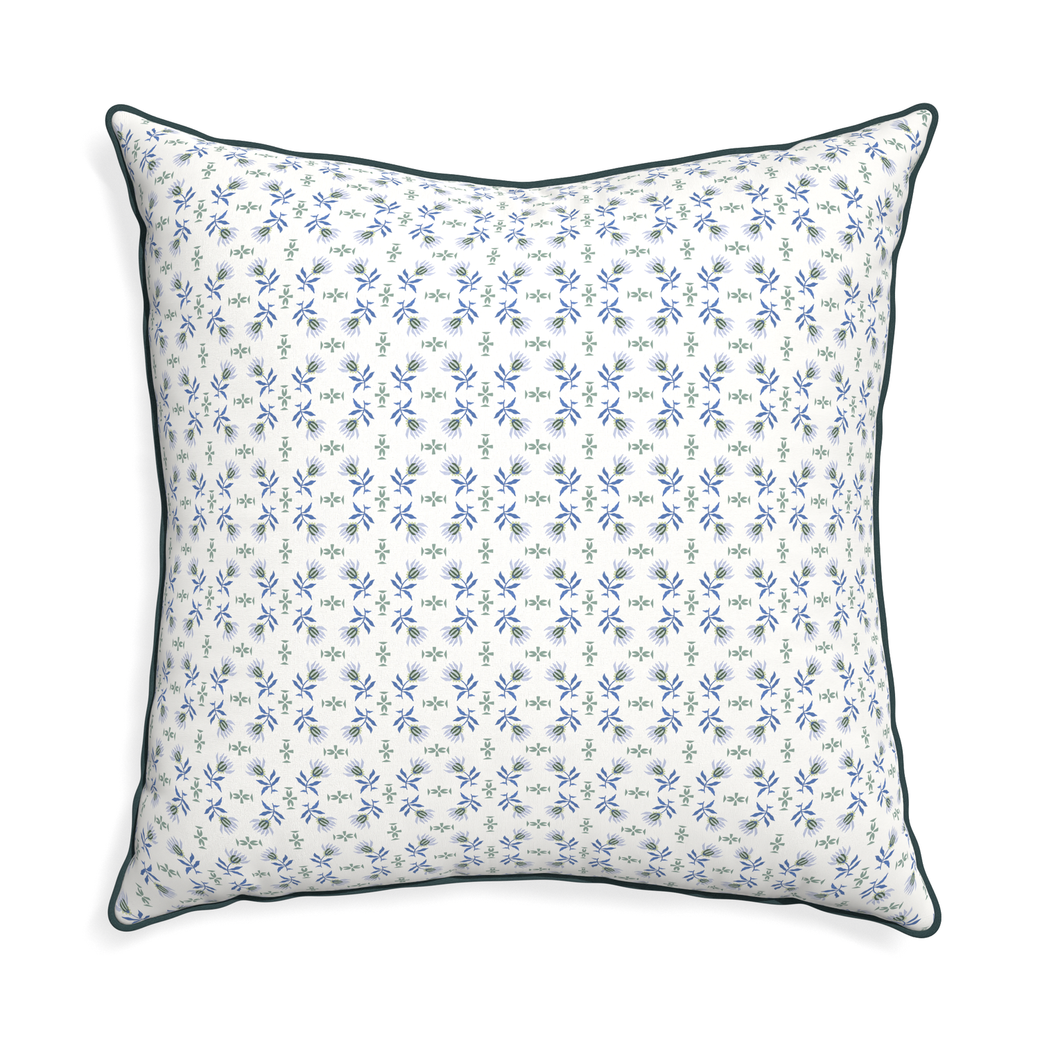 Euro-sham lee custom blue & green floralpillow with p piping on white background