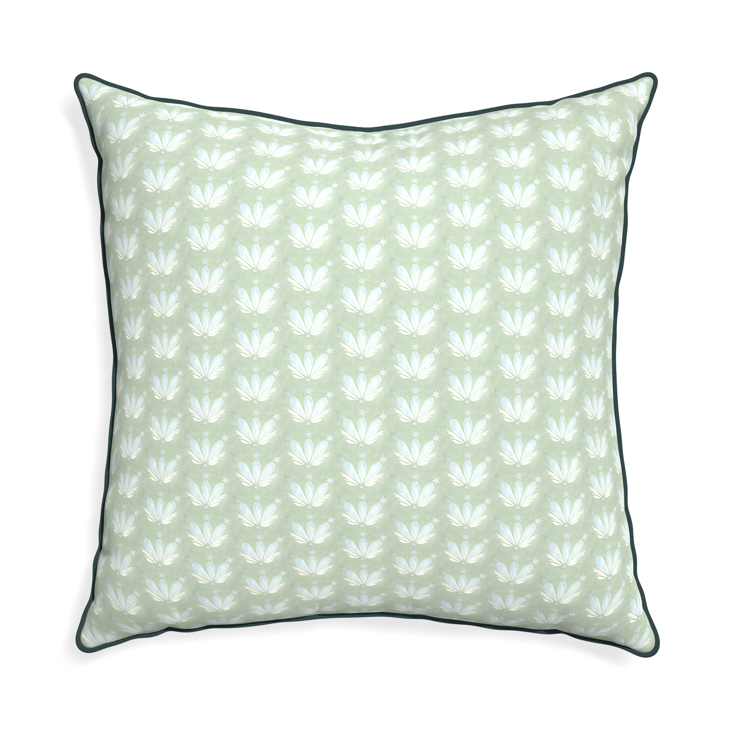 Euro-sham serena sea salt custom blue & green floral drop repeatpillow with p piping on white background