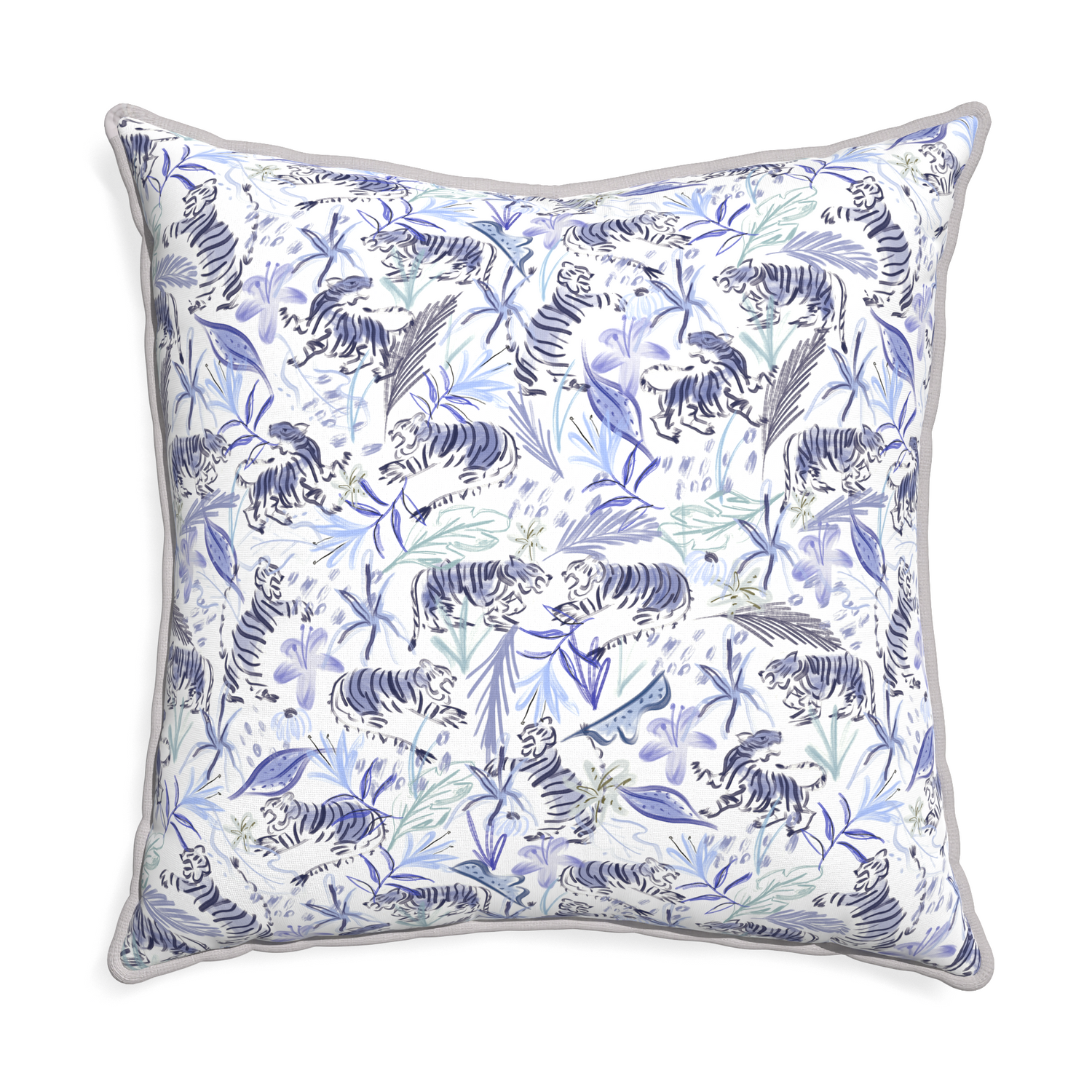 Euro-sham frida blue custom blue with intricate tiger designpillow with pebble piping on white background