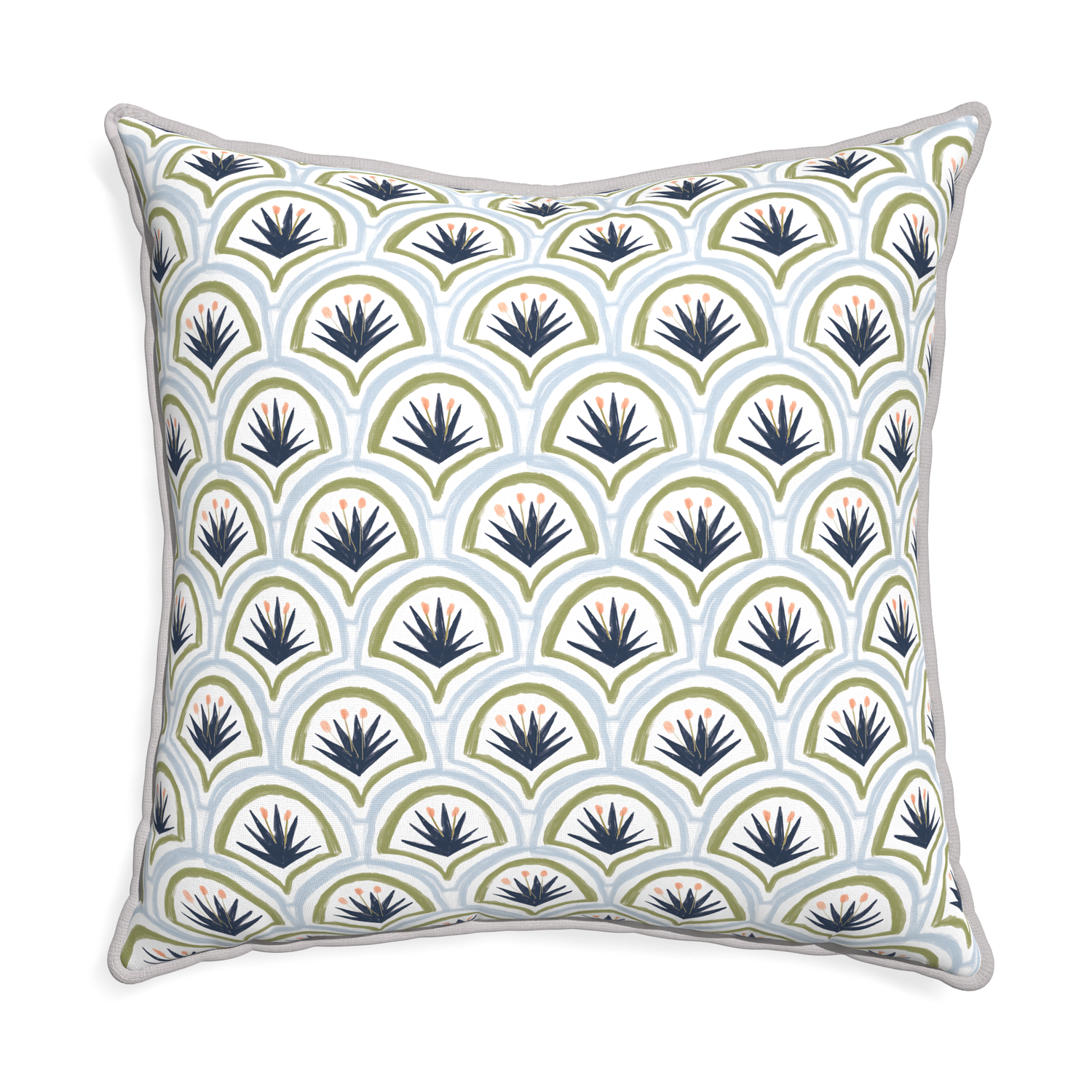 Euro-sham thatcher midnight custom art deco palm patternpillow with pebble piping on white background