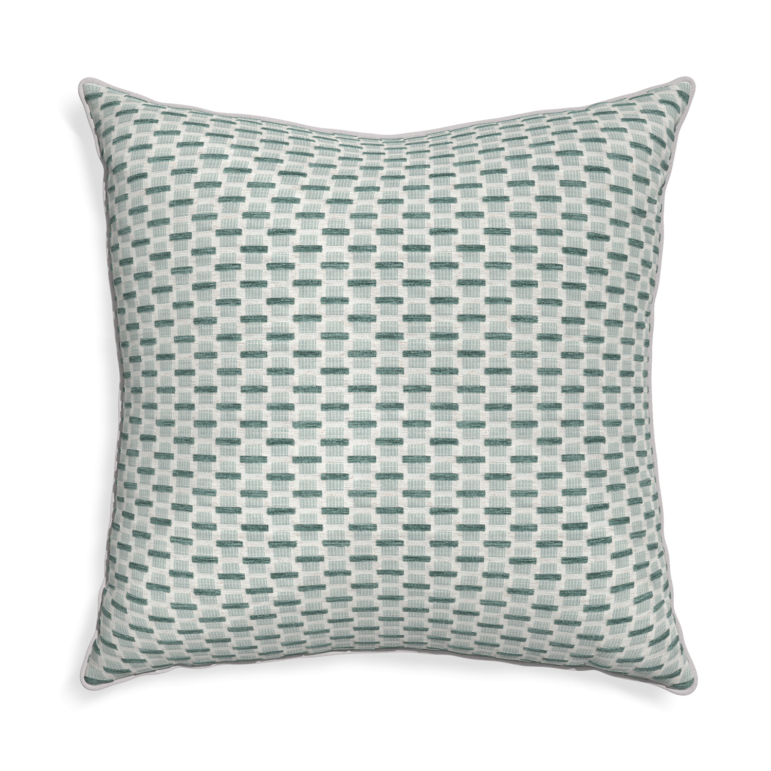 Euro-sham willow mint custom green geometric chenillepillow with pebble piping on white background