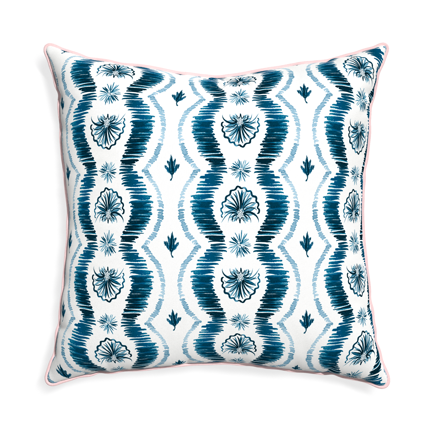 Euro-sham alice custom blue ikatpillow with petal piping on white background