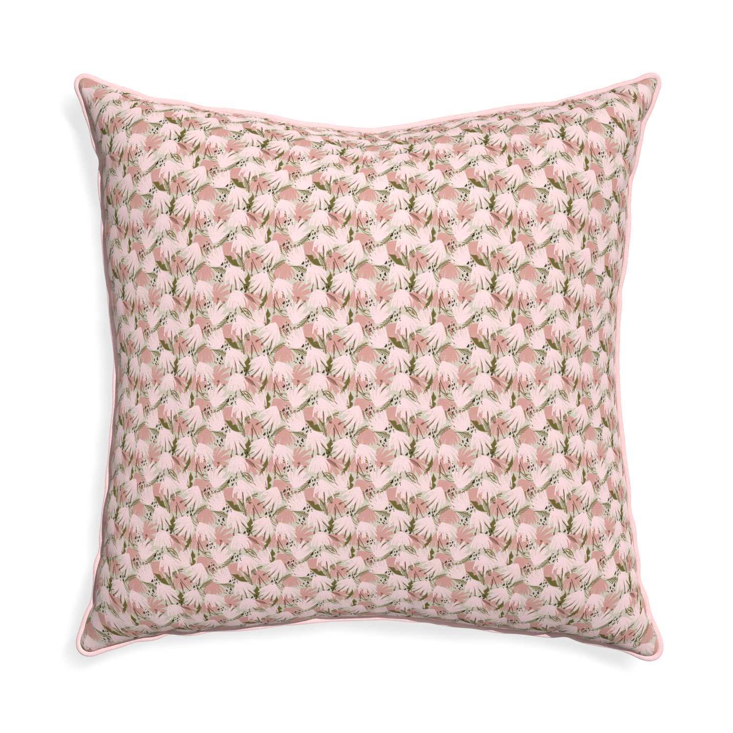 Euro-sham eden pink custom pink floralpillow with petal piping on white background