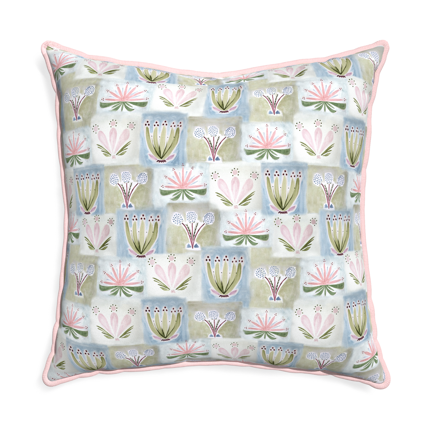 Euro-sham harper custom hand-painted floralpillow with petal piping on white background