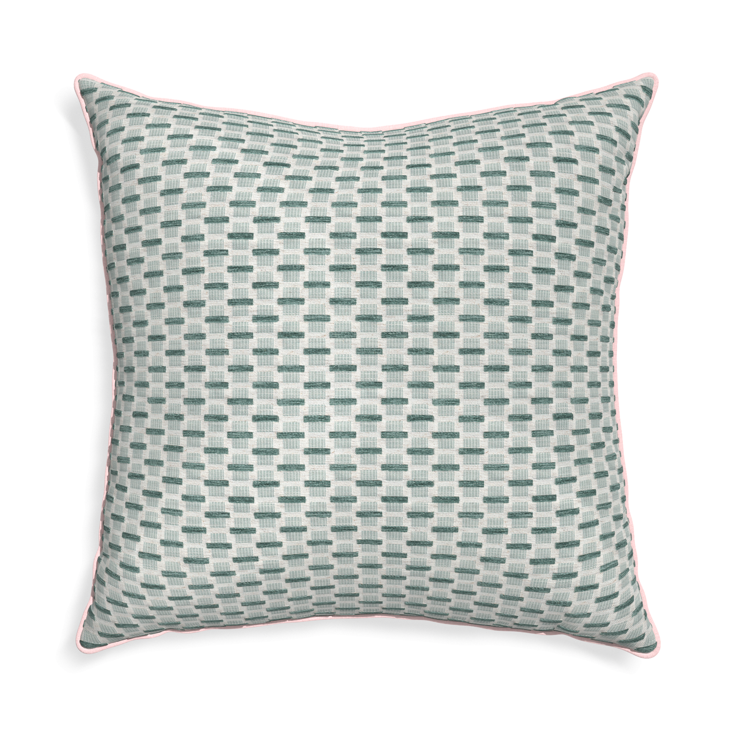 Euro-sham willow mint custom green geometric chenillepillow with petal piping on white background