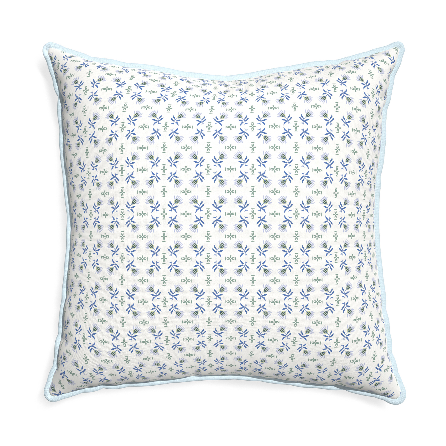Euro-sham lee custom blue & green floralpillow with powder piping on white background