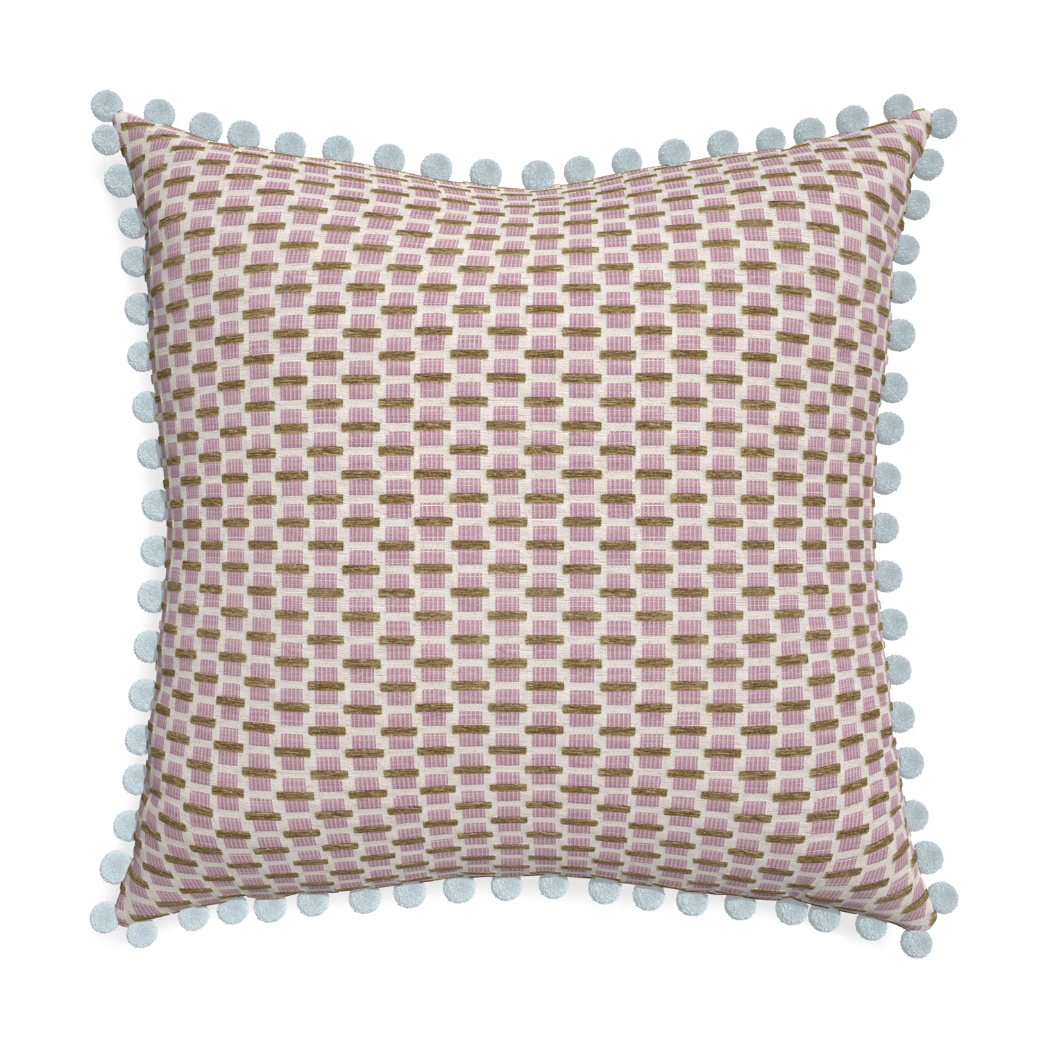 Euro-sham willow orchid custom pink geometric chenillepillow with powder pom pom on white background