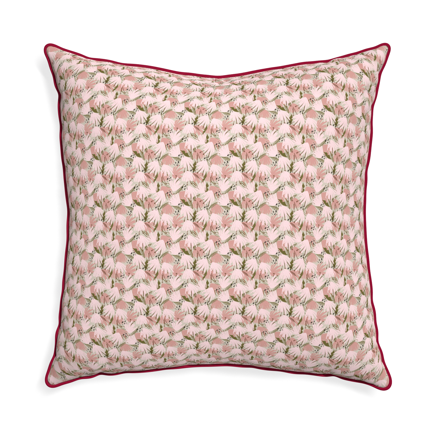 Euro-sham eden pink custom pink floralpillow with raspberry piping on white background