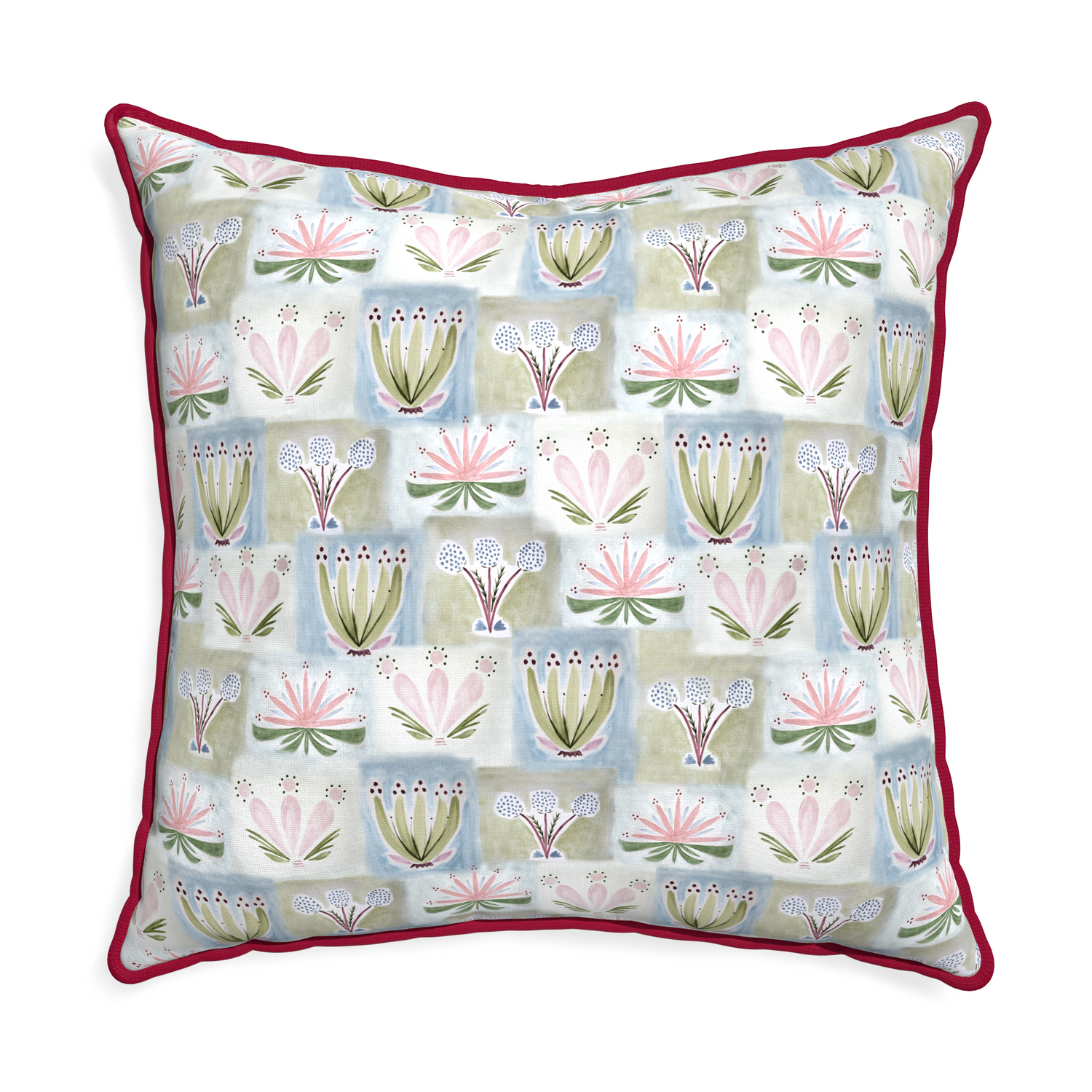Euro-sham harper custom hand-painted floralpillow with raspberry piping on white background