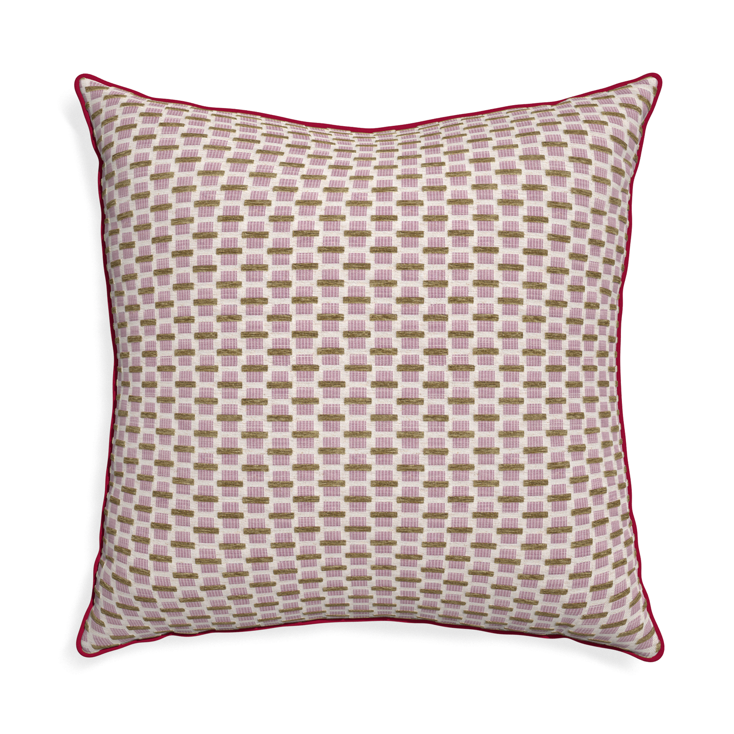 Euro-sham willow orchid custom pink geometric chenillepillow with raspberry piping on white background