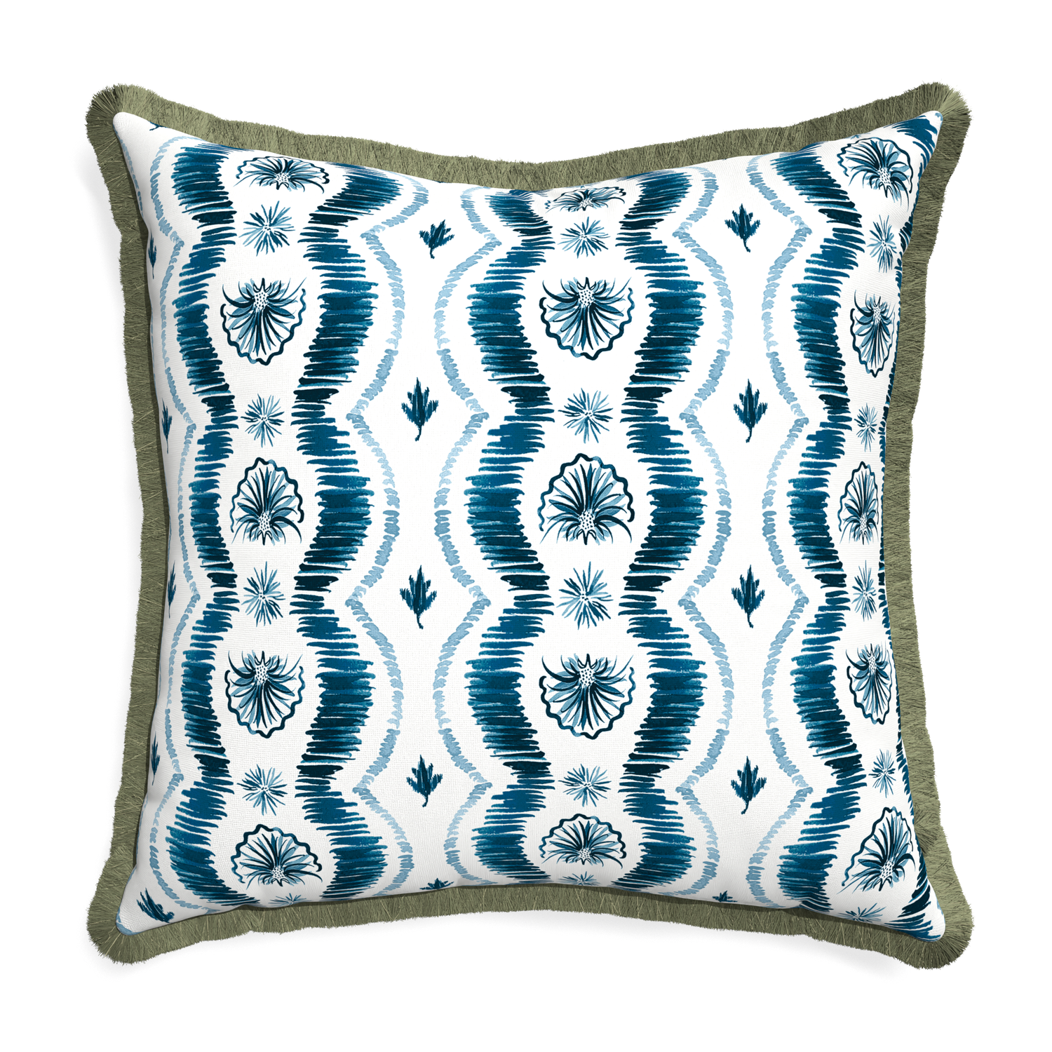 Square Blue Ikat Stripe Pillow with green fringe 