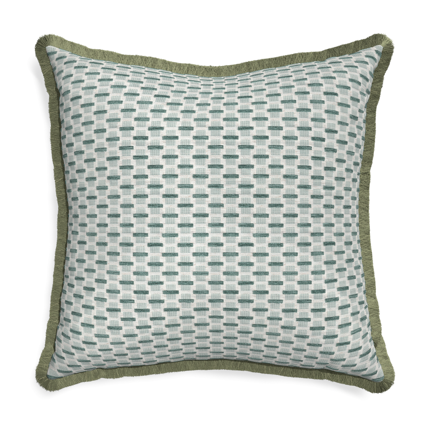Euro-sham willow mint custom green geometric chenillepillow with sage fringe on white background