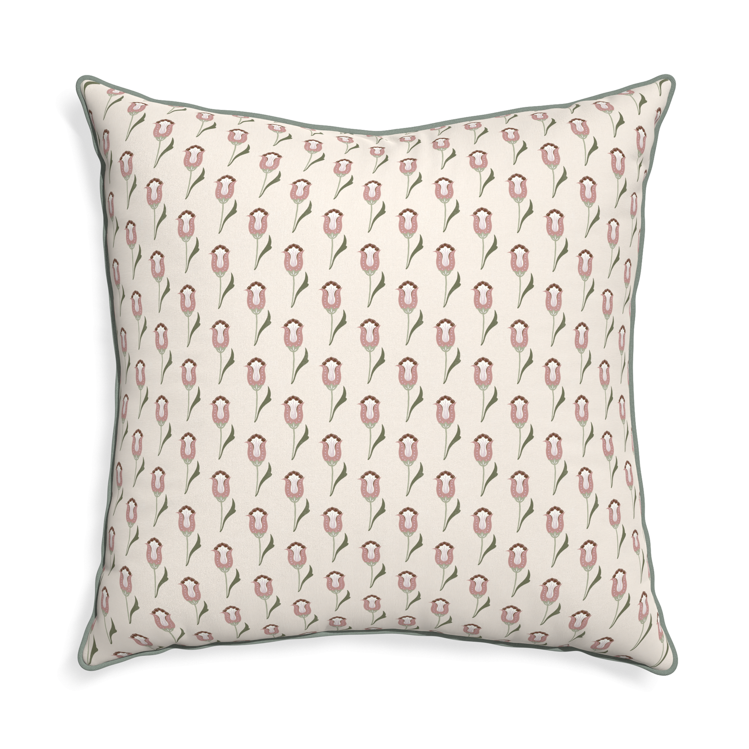 Euro-sham annabelle orchid custom pink tulippillow with sage piping on white background