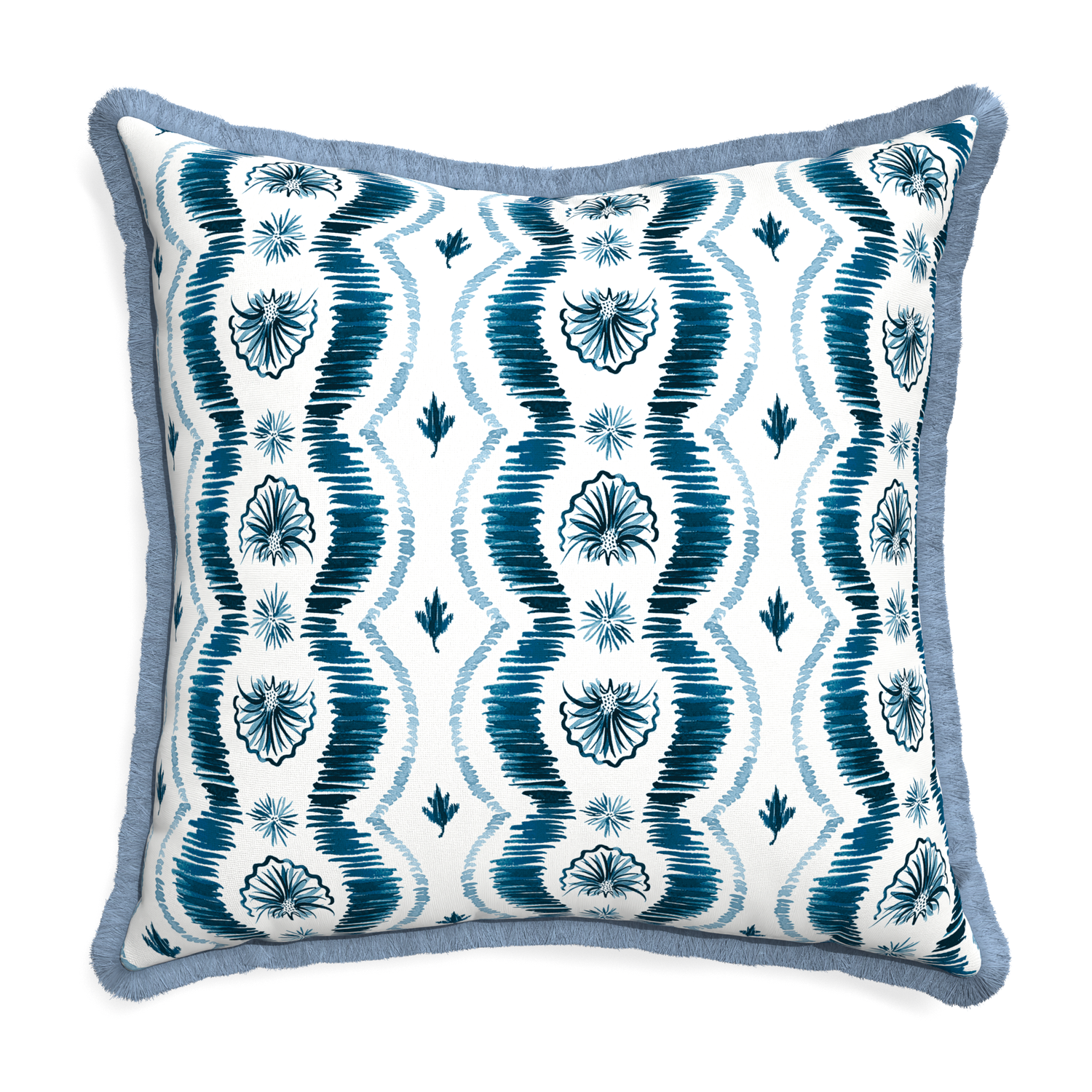 26 inch Square Blue Ikat Stripe Pillow with sky blue fringe