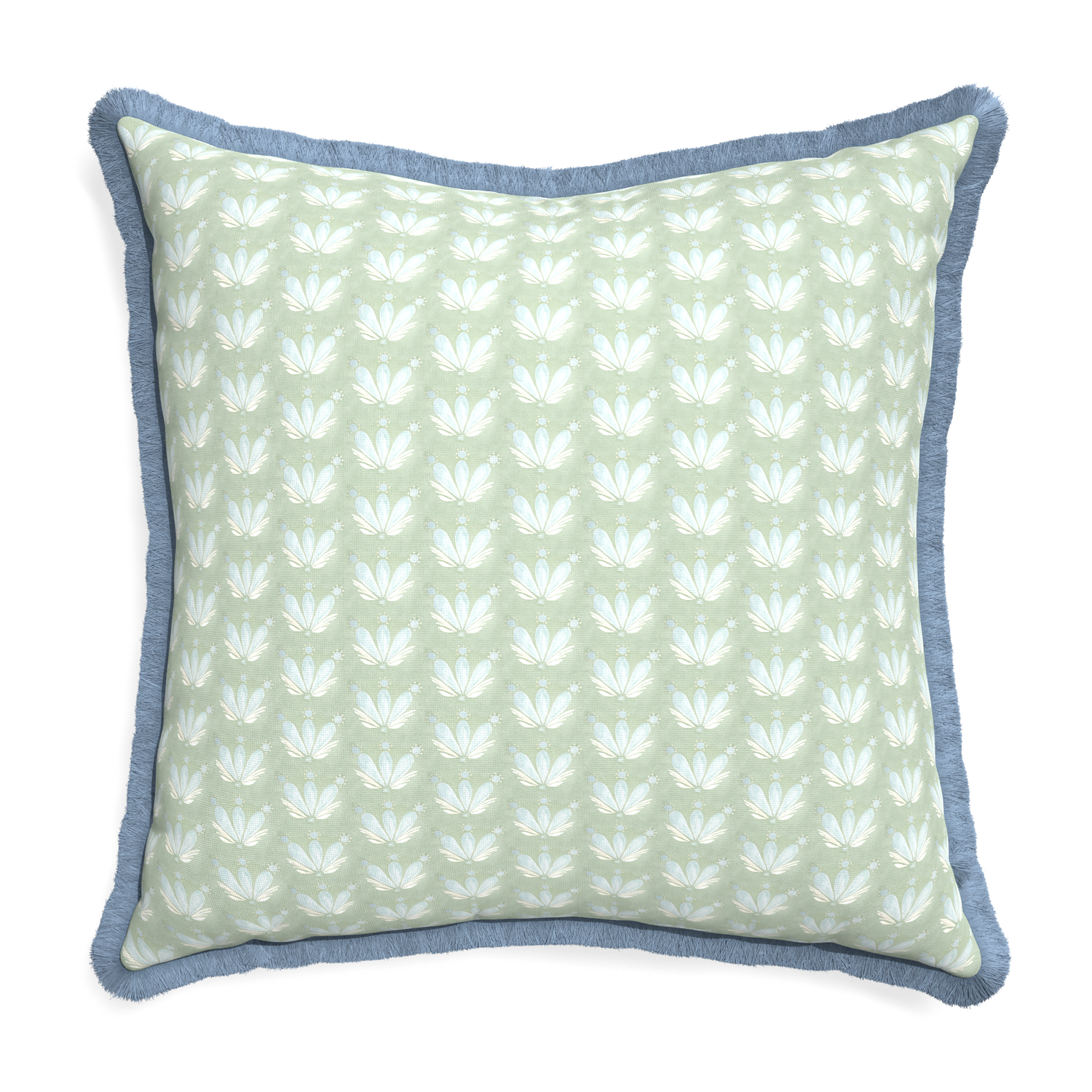 Euro-sham serena sea salt custom blue & green floral drop repeatpillow with sky fringe on white background