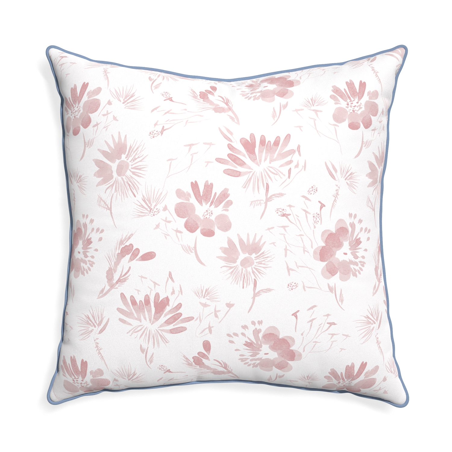 Euro-sham blake custom pink floralpillow with sky piping on white background