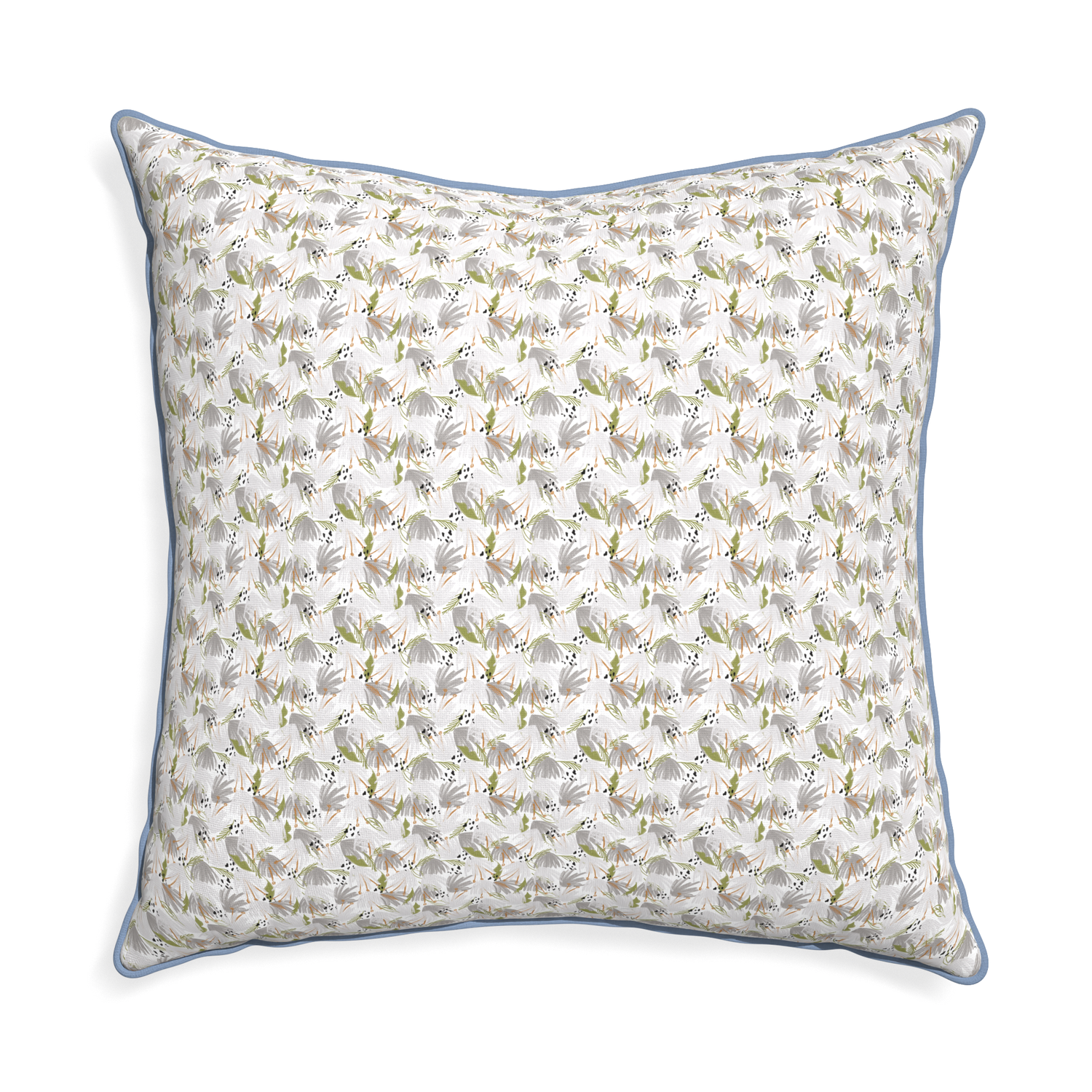 Euro-sham eden grey custom grey floralpillow with sky piping on white background