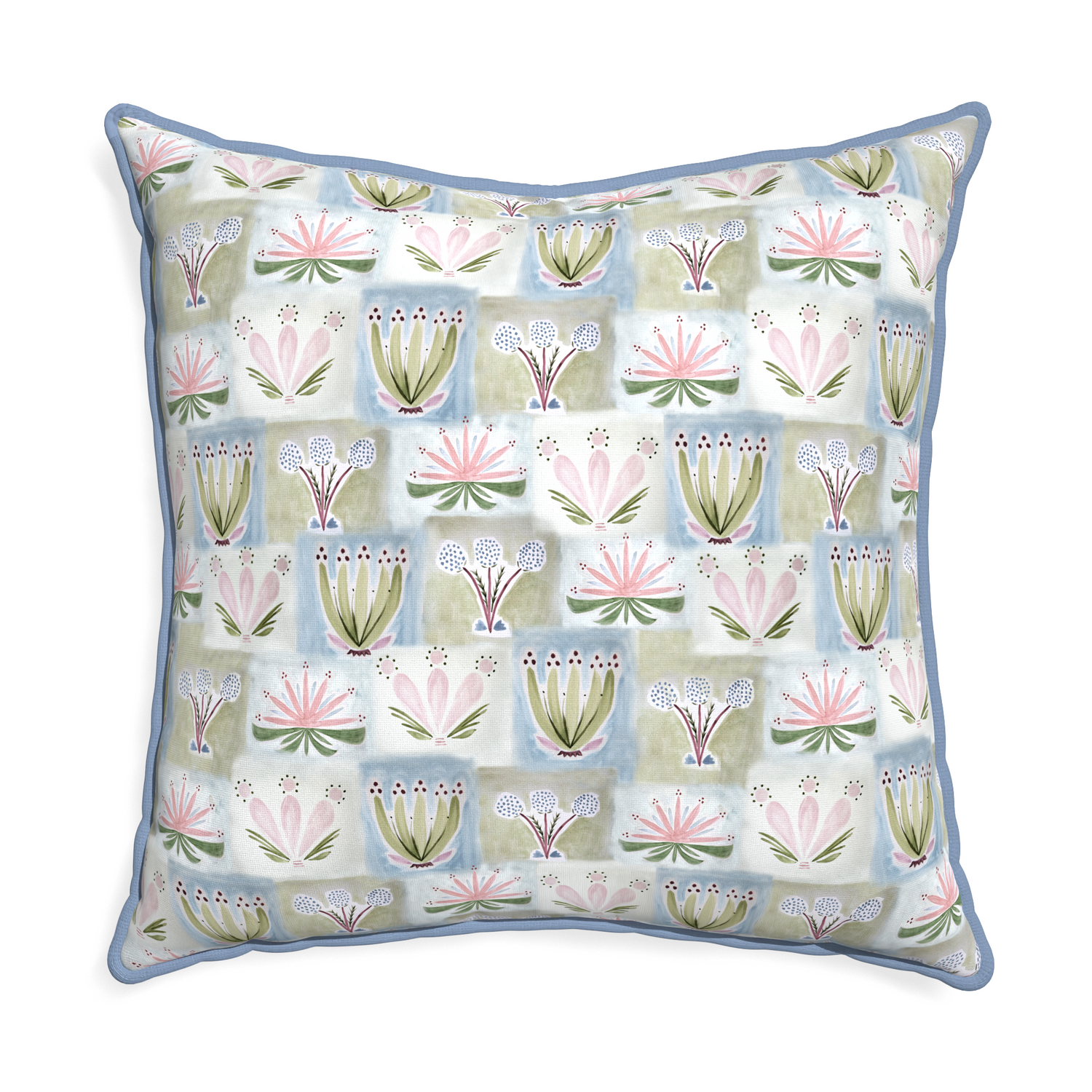 Euro-sham harper custom hand-painted floralpillow with sky piping on white background