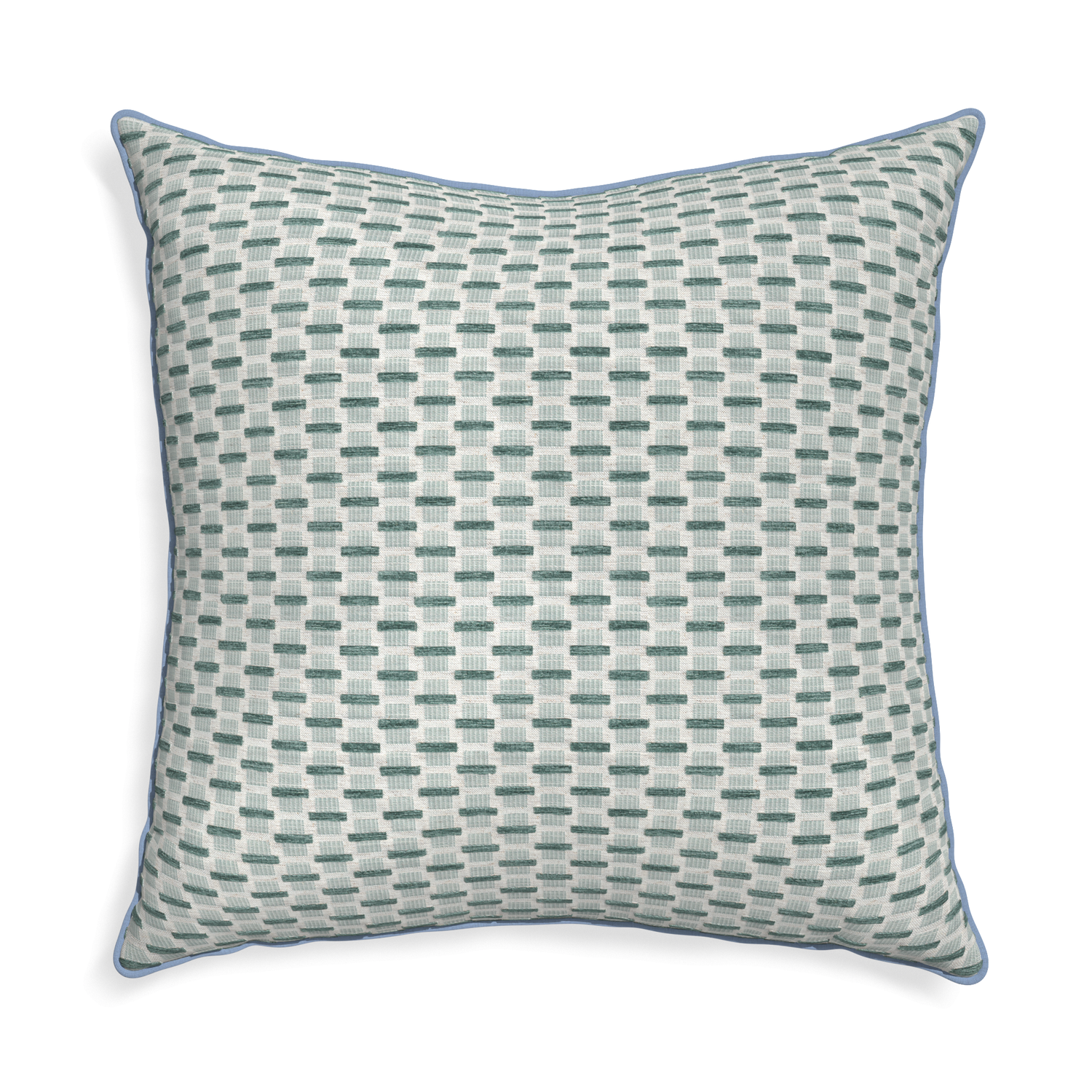 Euro-sham willow mint custom green geometric chenillepillow with sky piping on white background