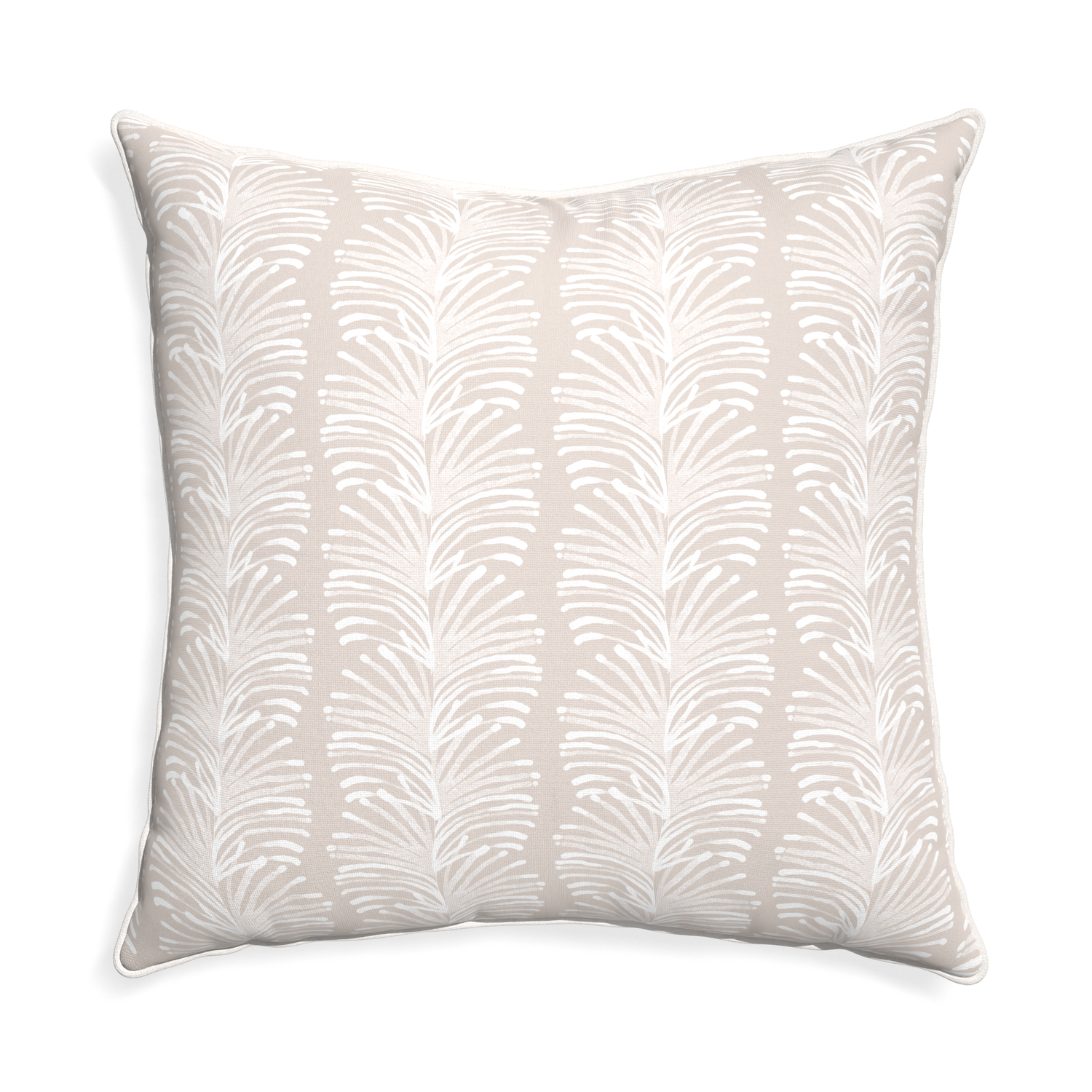Euro-sham emma sand custom sand colored botanical stripepillow with snow piping on white background