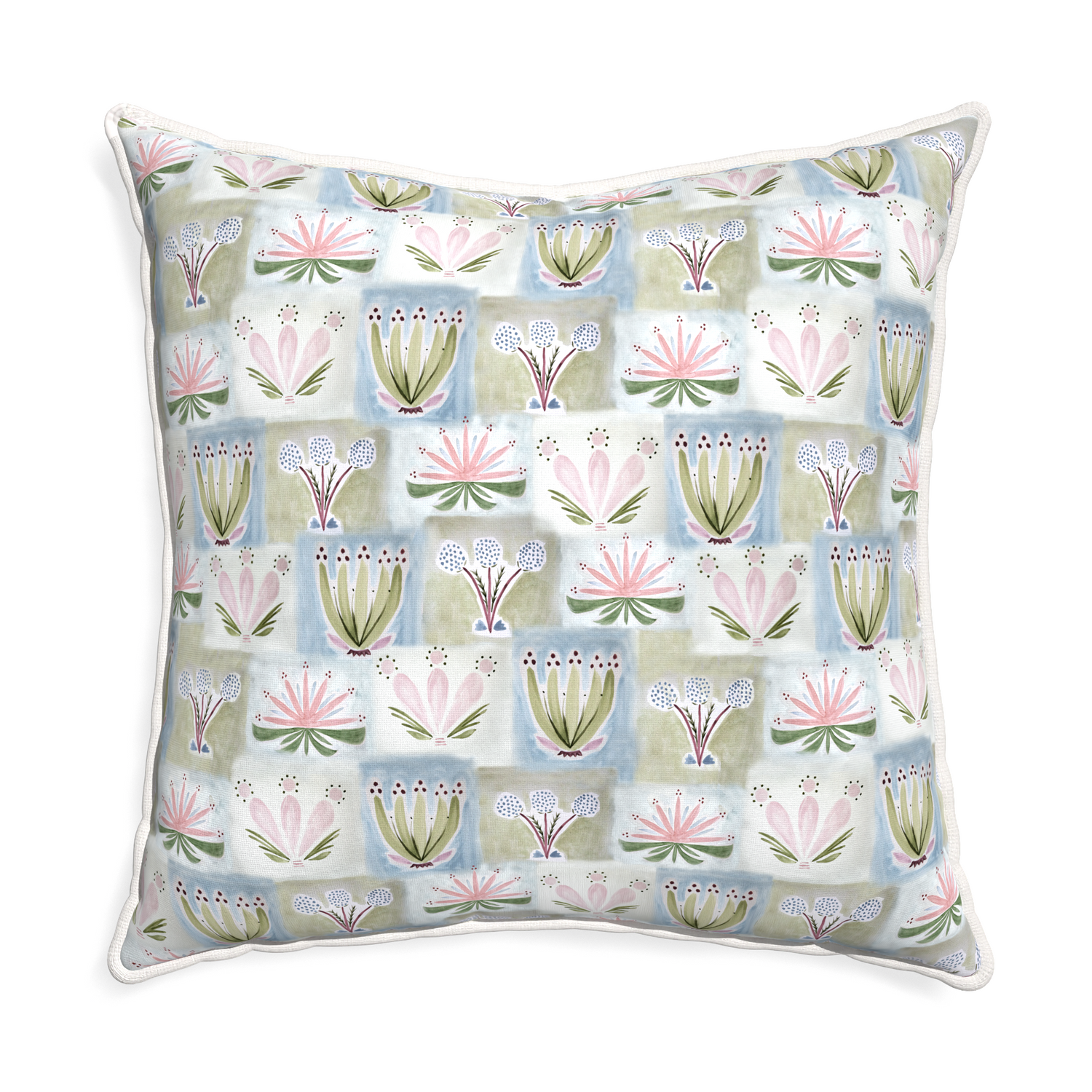 Euro-sham harper custom hand-painted floralpillow with snow piping on white background