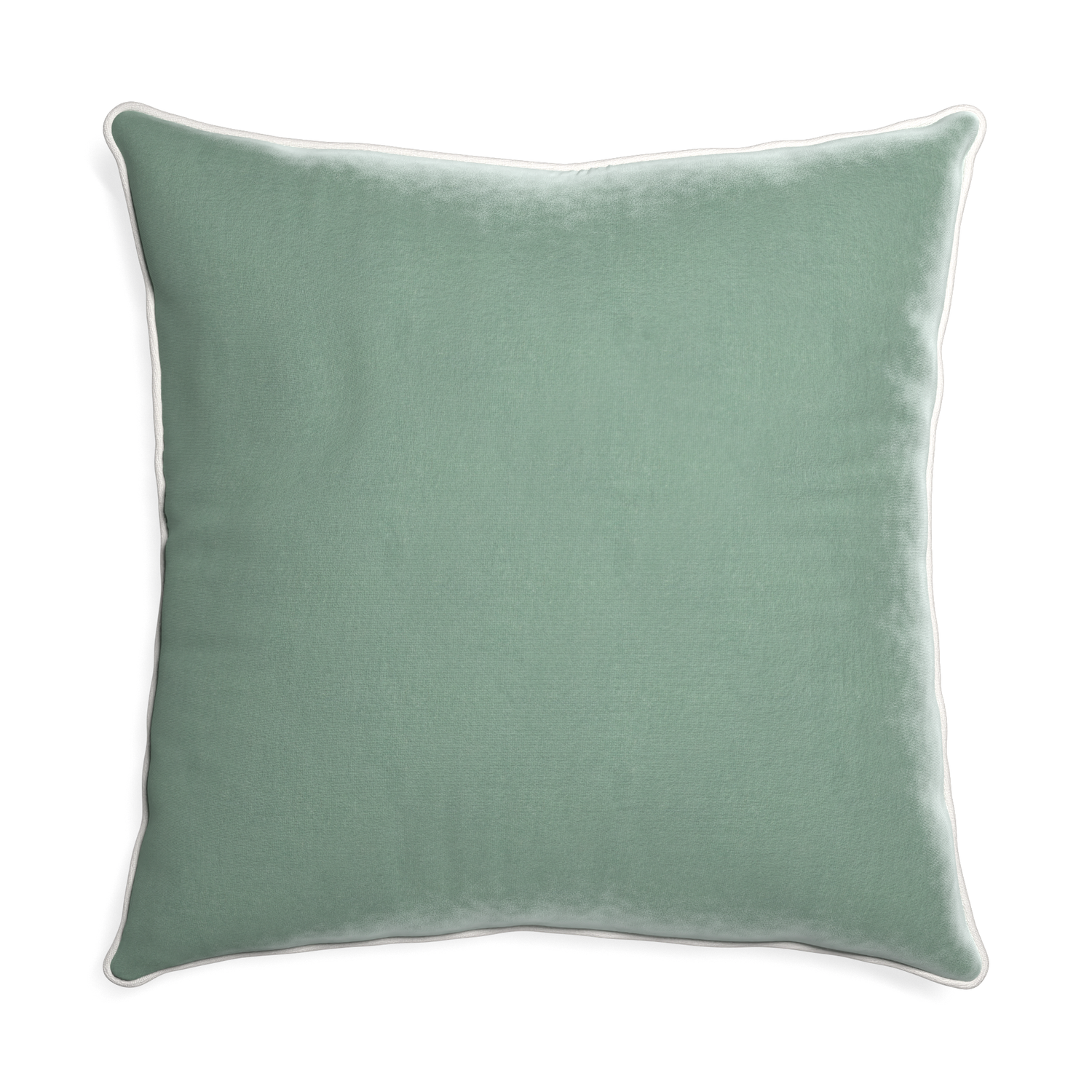 square blue green velvet pillow with white piping