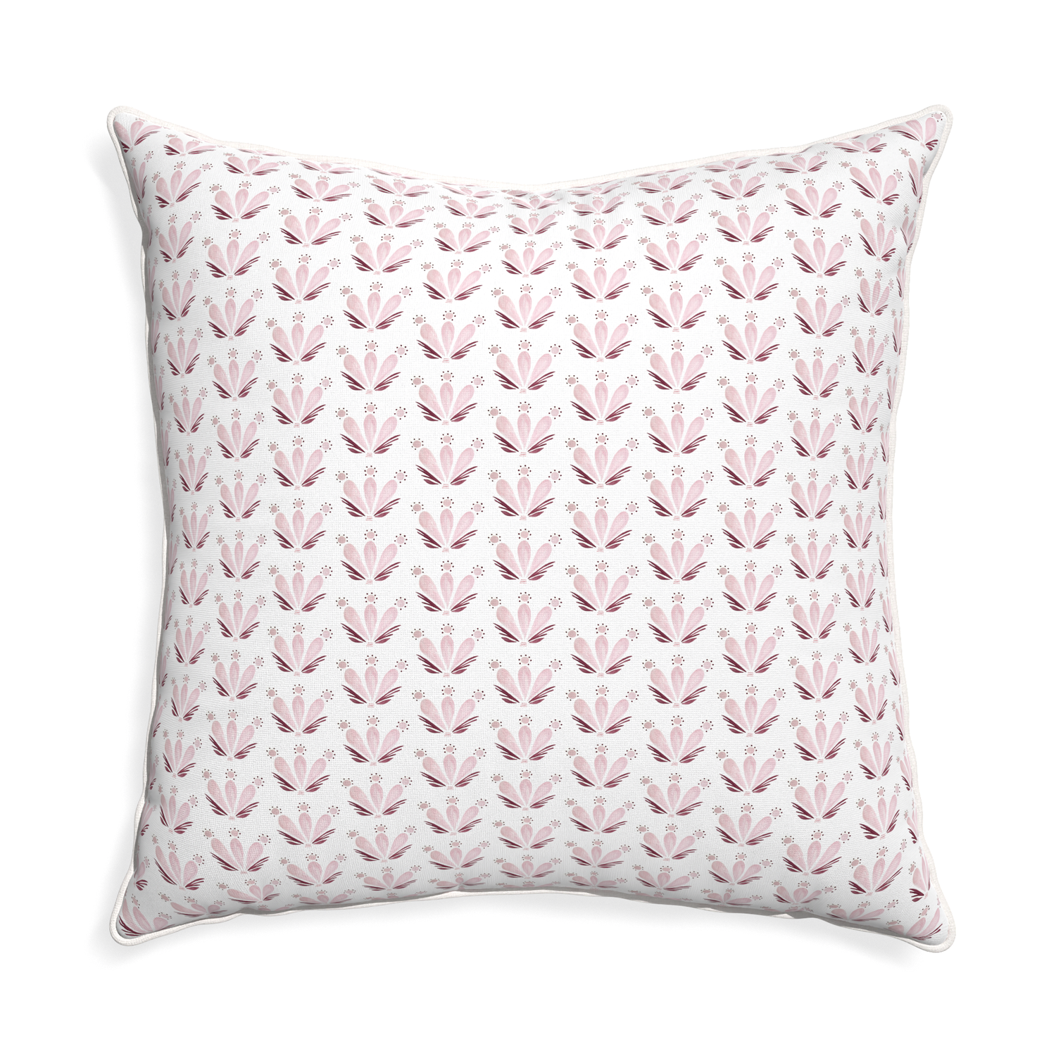 Euro-sham serena pink custom pink & burgundy drop repeat floralpillow with snow piping on white background