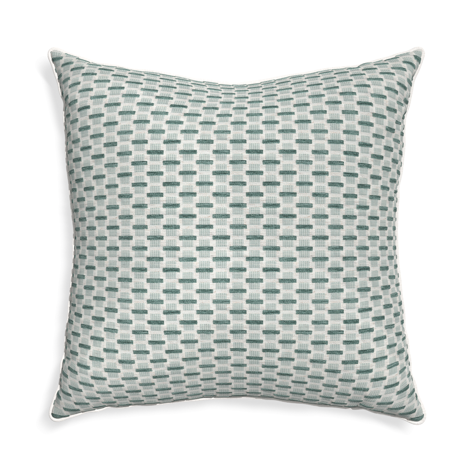 Euro-sham willow mint custom green geometric chenillepillow with snow piping on white background