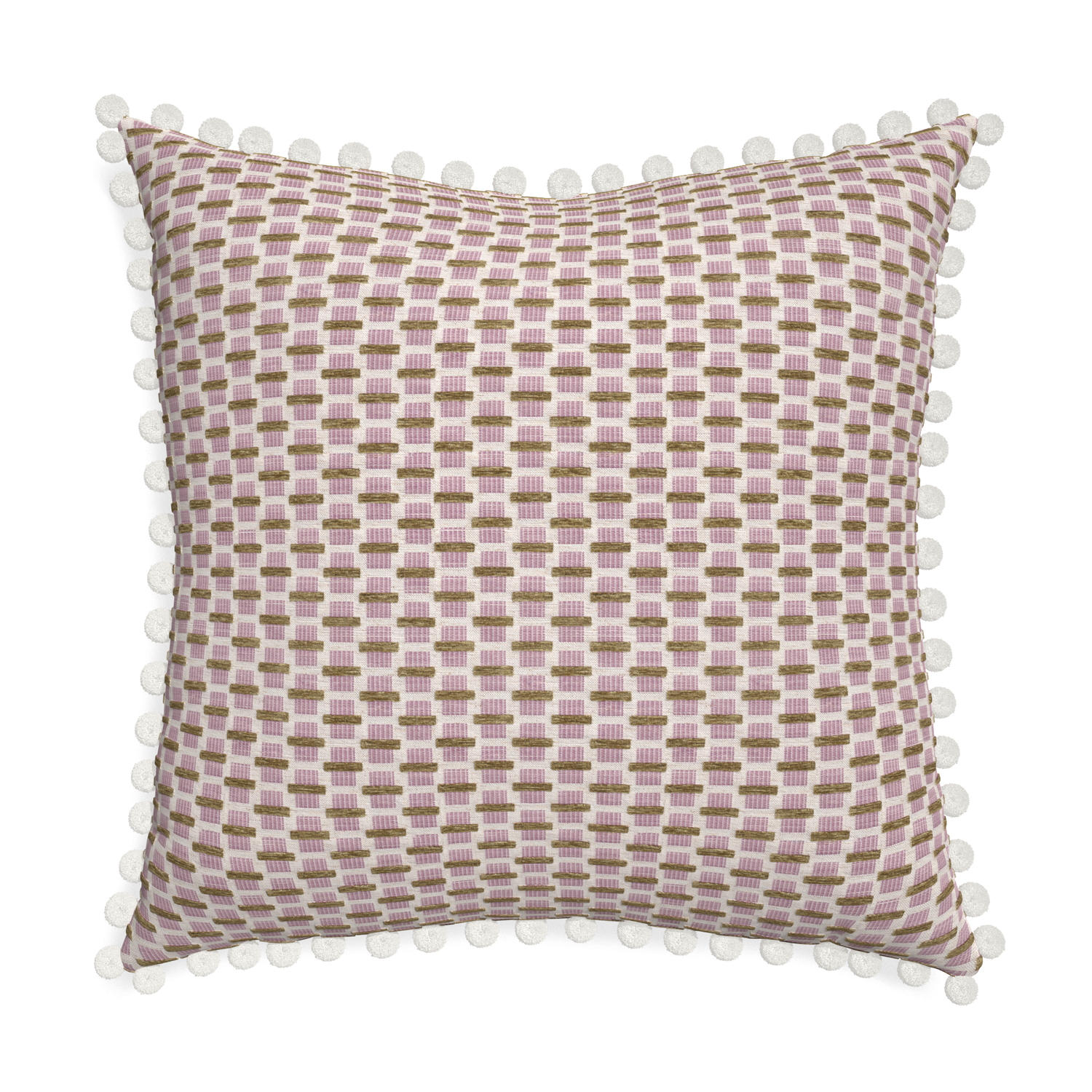 Euro-sham willow orchid custom pink geometric chenillepillow with snow pom pom on white background