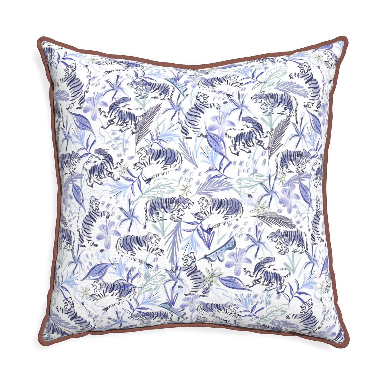 Euro-sham frida blue custom blue with intricate tiger designpillow with w piping on white background