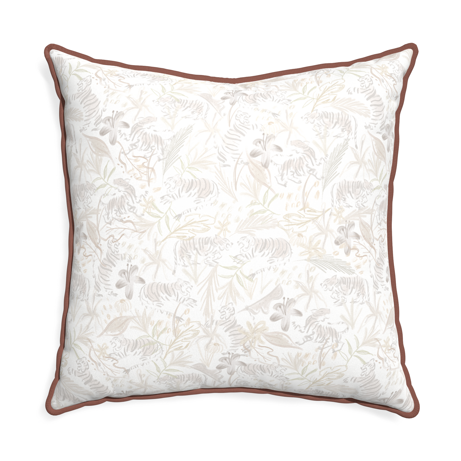 Euro-sham frida sand custom beige chinoiserie tigerpillow with w piping on white background