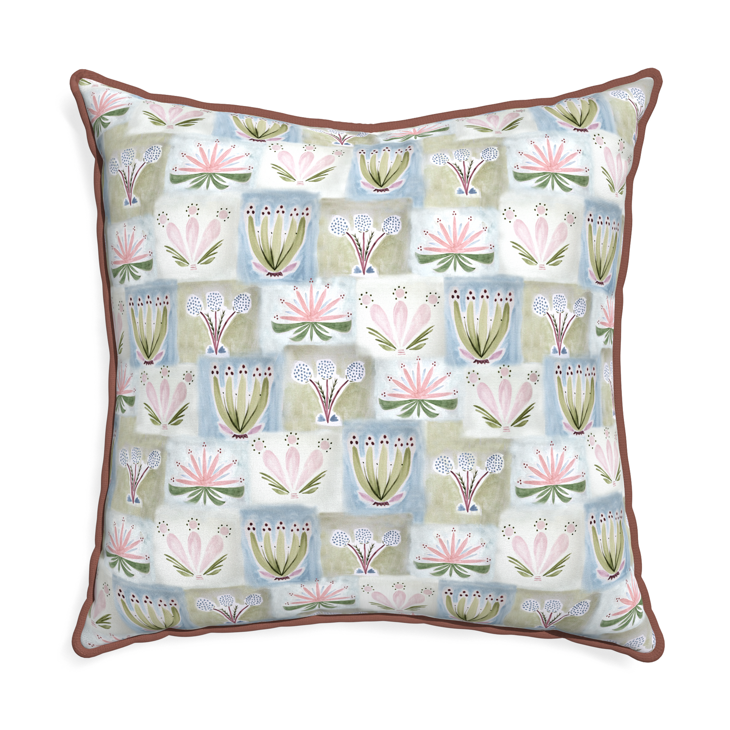 Euro-sham harper custom hand-painted floralpillow with w piping on white background