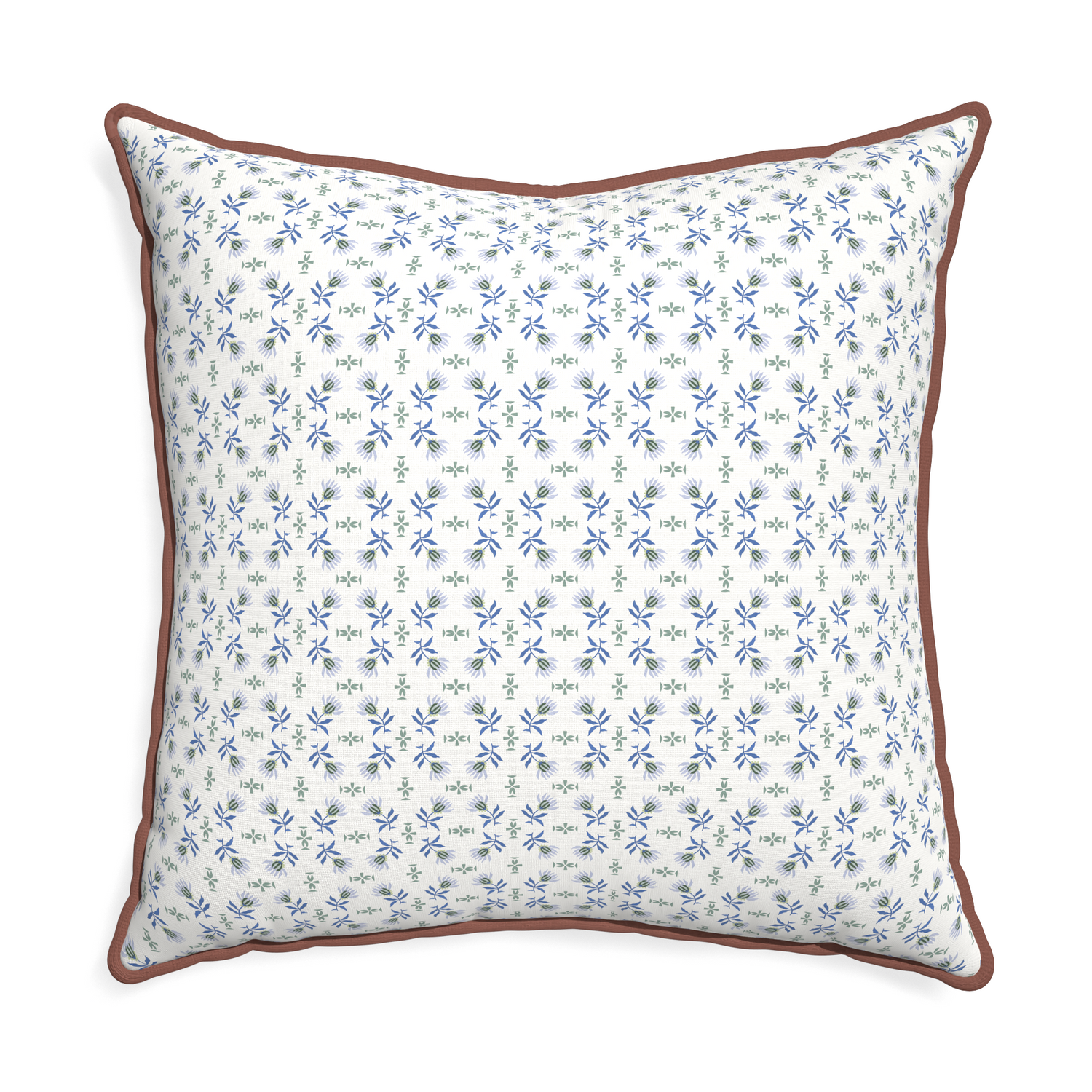 Euro-sham lee custom blue & green floralpillow with w piping on white background