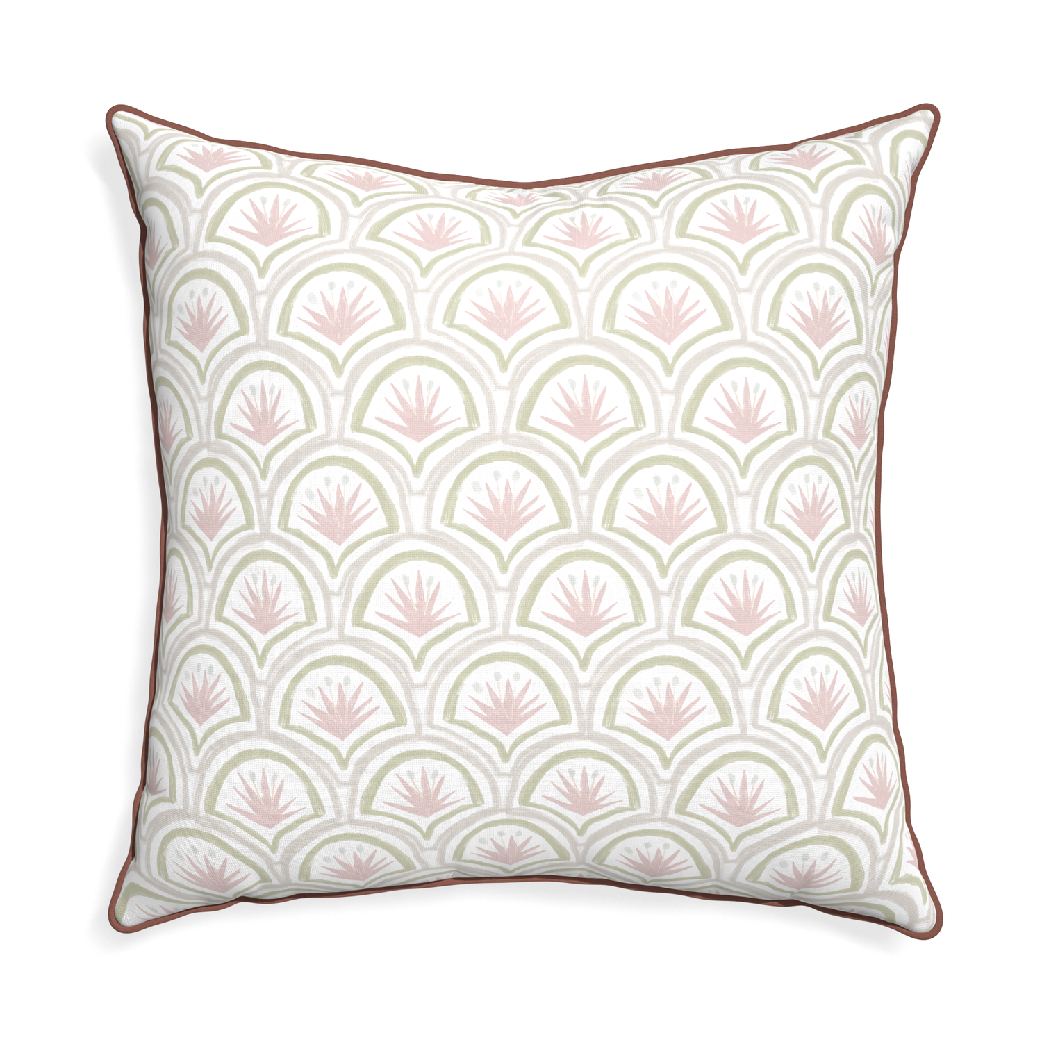 Euro-sham thatcher rose custom pink & green palmpillow with w piping on white background