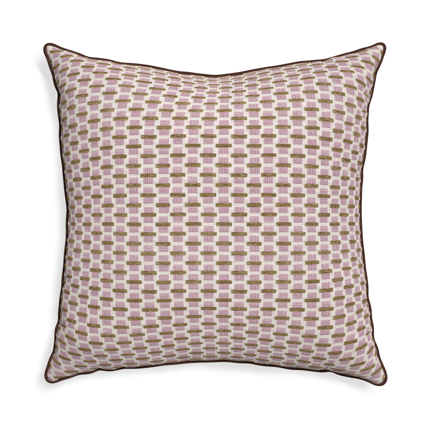 Euro-sham willow orchid custom pink geometric chenillepillow with w piping on white background