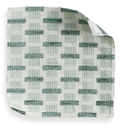 Willow Mint fabric sample showing subtle geometric pattern in soft chenille jacquard perfect for custom home decor.