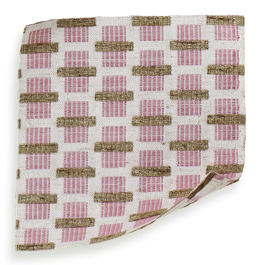 Willow Orchid fabric swatch shows subtle geometric pattern in pink and gold chenille jacquard for custom Pepper Home pieces.