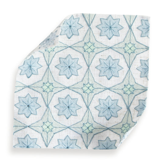 Hayes Sea Salt fabric swatch with geometric blue floral pattern, perfect for custom curtains by Pepper Home.