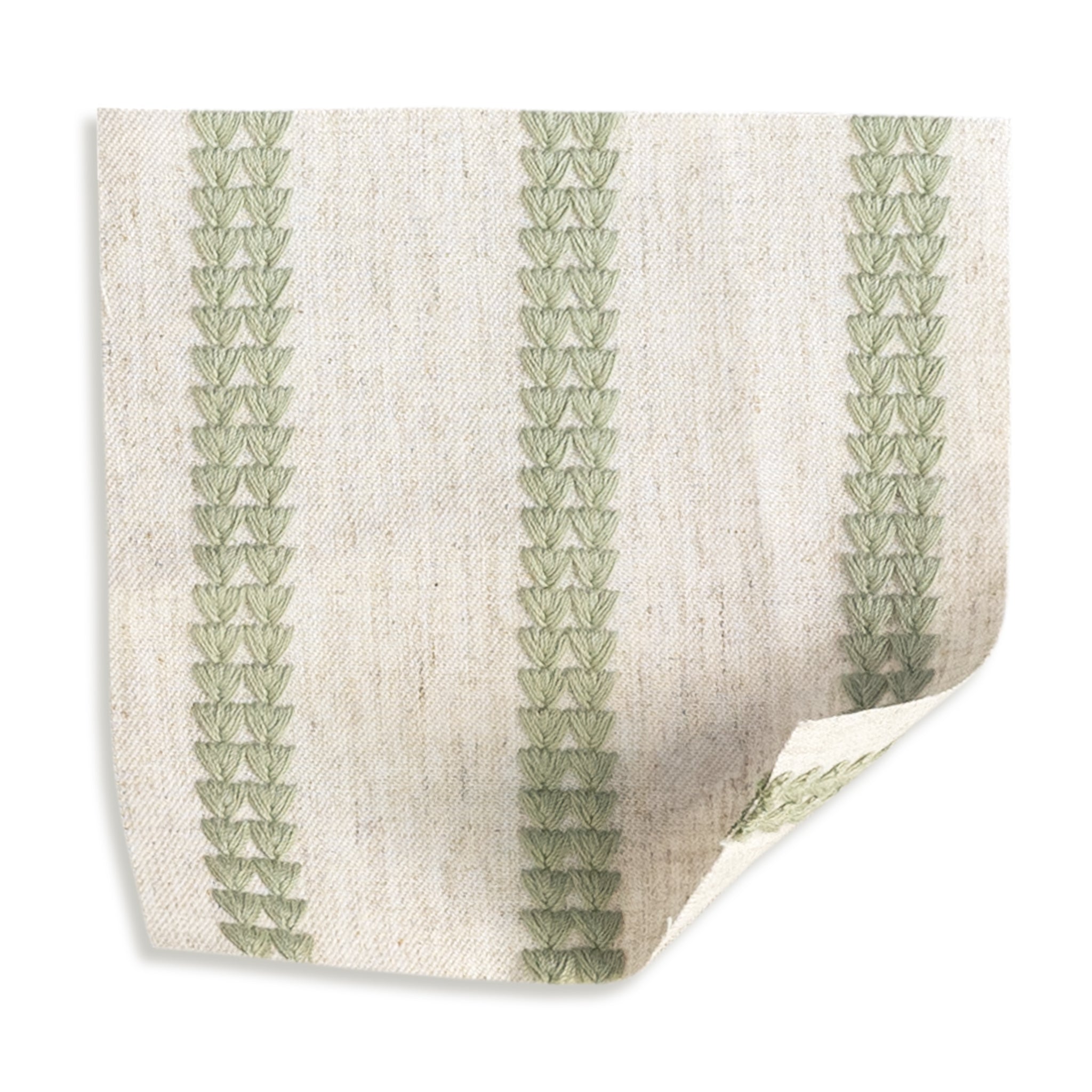 Vivienne fabric sample with pistachio embroidered stripes on natural linen-blend, perfect for custom curtains by Pepper Home.