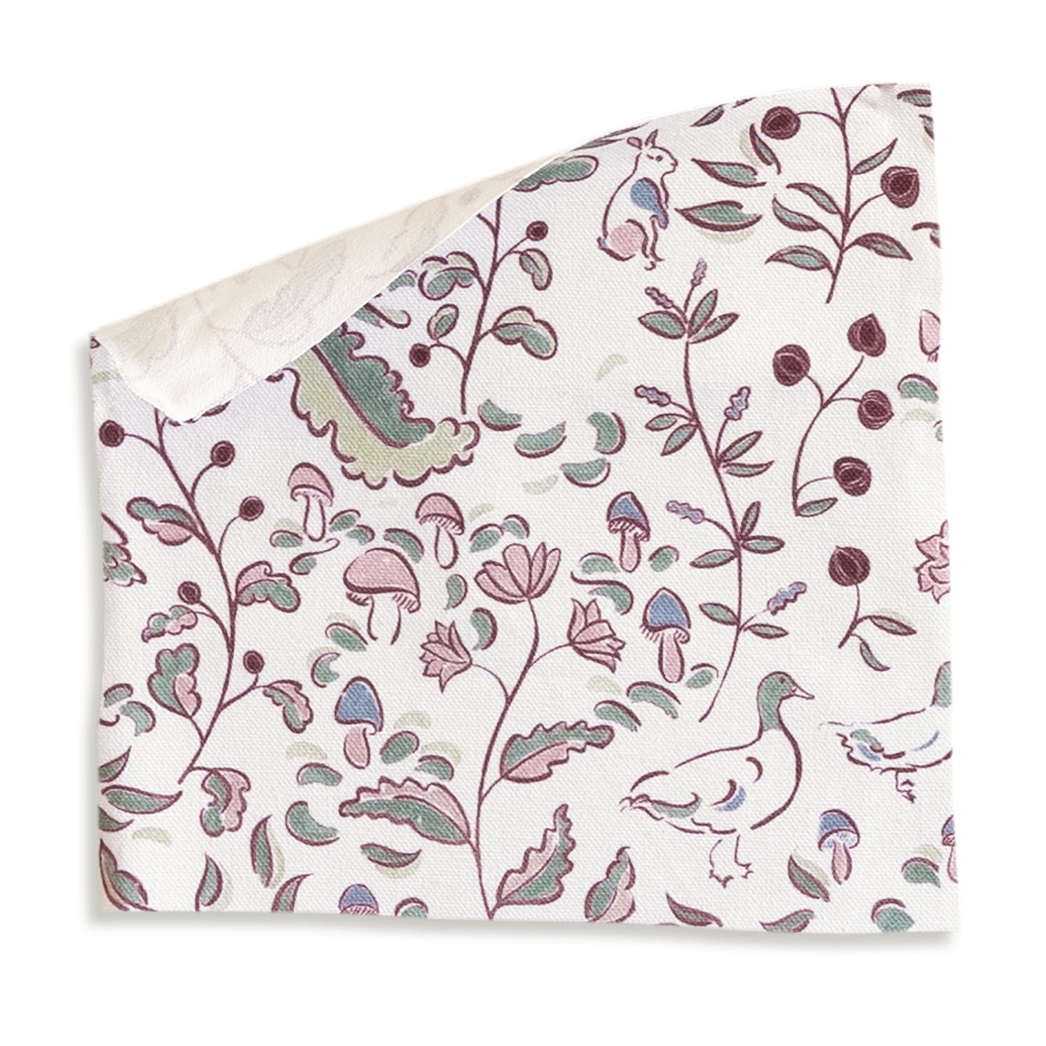 Ruby Burgundy fabric featuring custom hand-painted woodland creatures and floral designs by Claire de Quenetain.