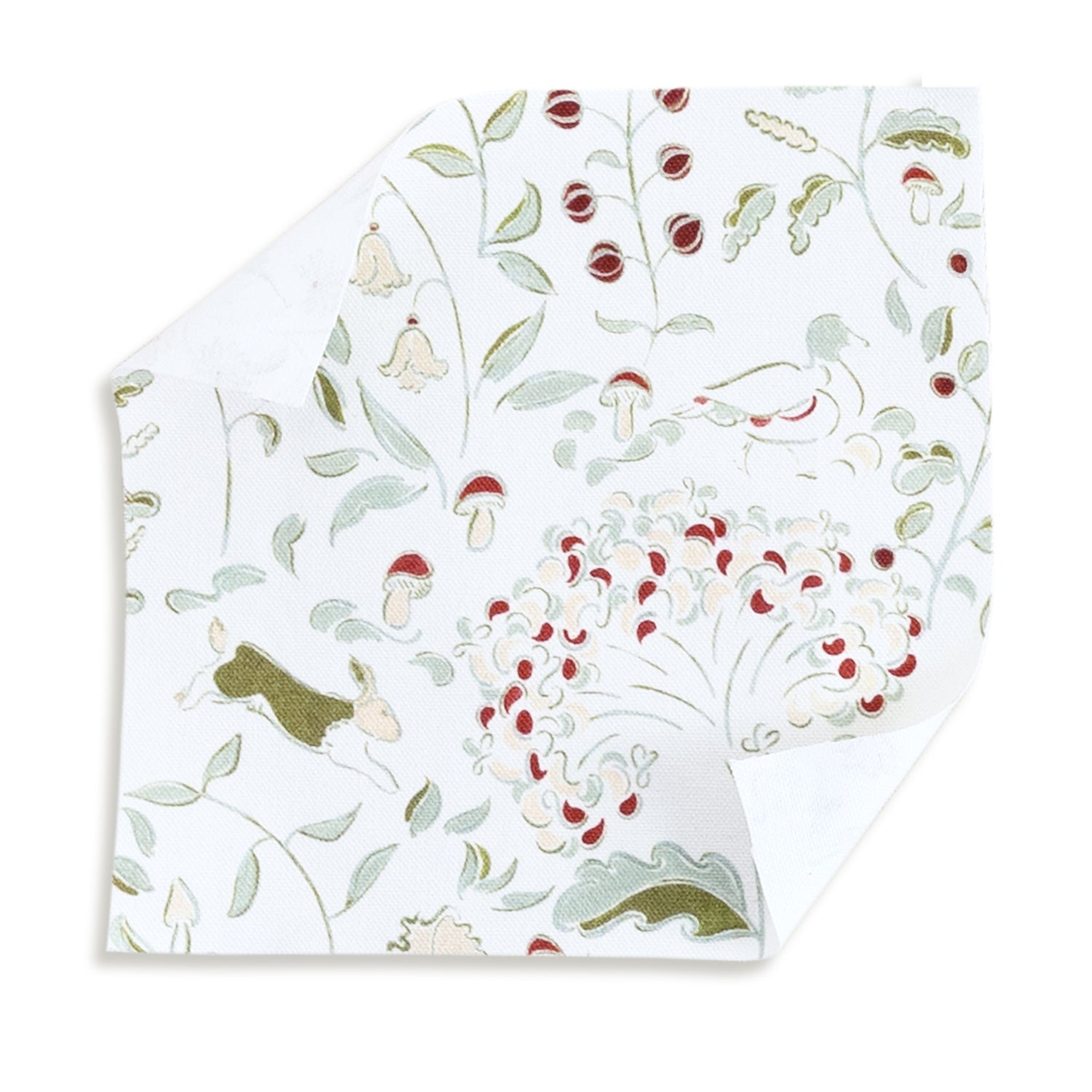 Ruby Moss fabric with whimsical woodland creatures and floral motifs for custom Pepper Home curtains.