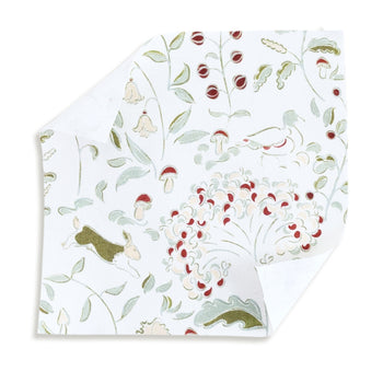 Ruby Moss fabric with whimsical woodland creatures and floral motifs for custom Pepper Home curtains.